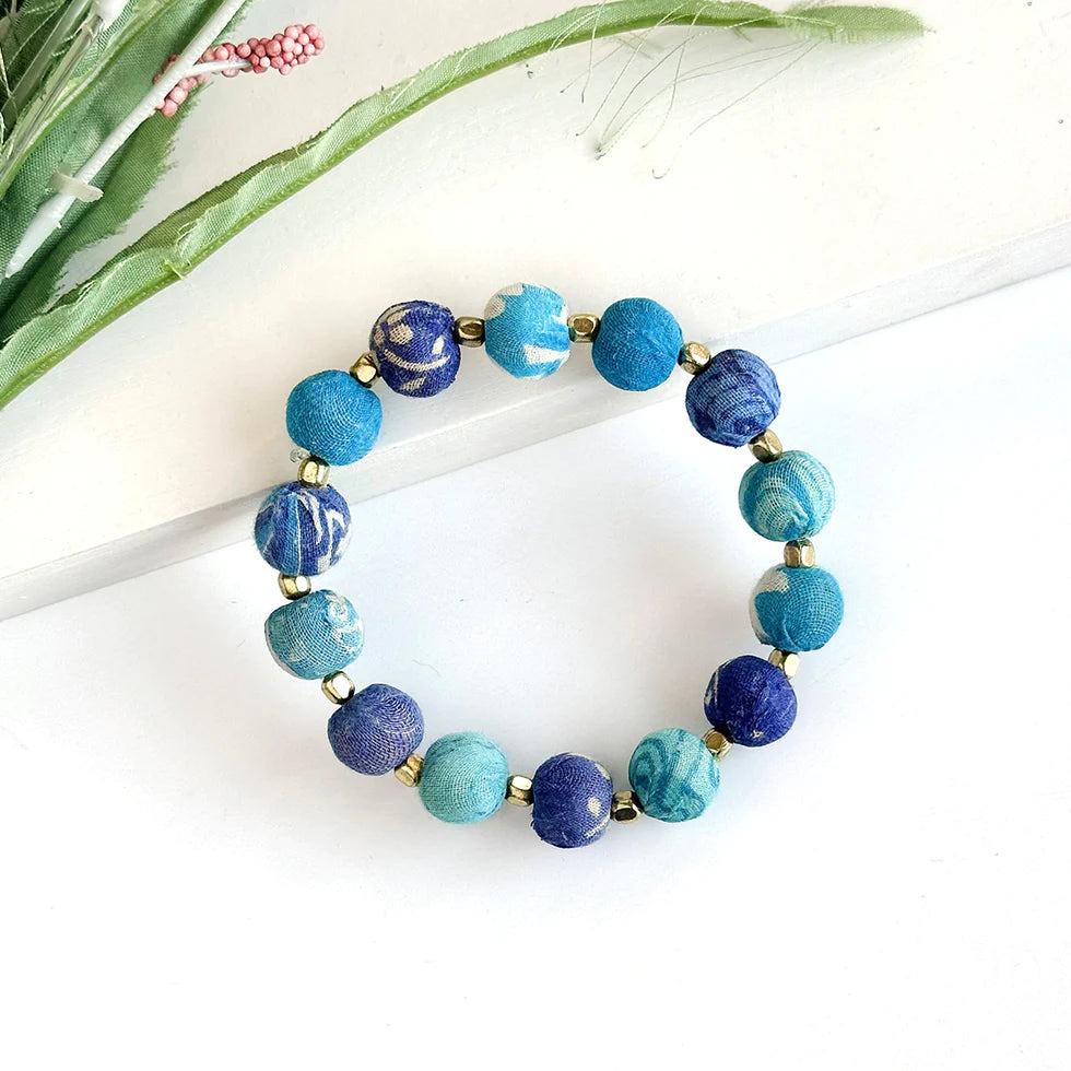 Handmade Kantha Azure Beaded Bracelet – Boho Chic Jewelry for Women – Perfect for Festivals, Weddings & Everyday Wear
