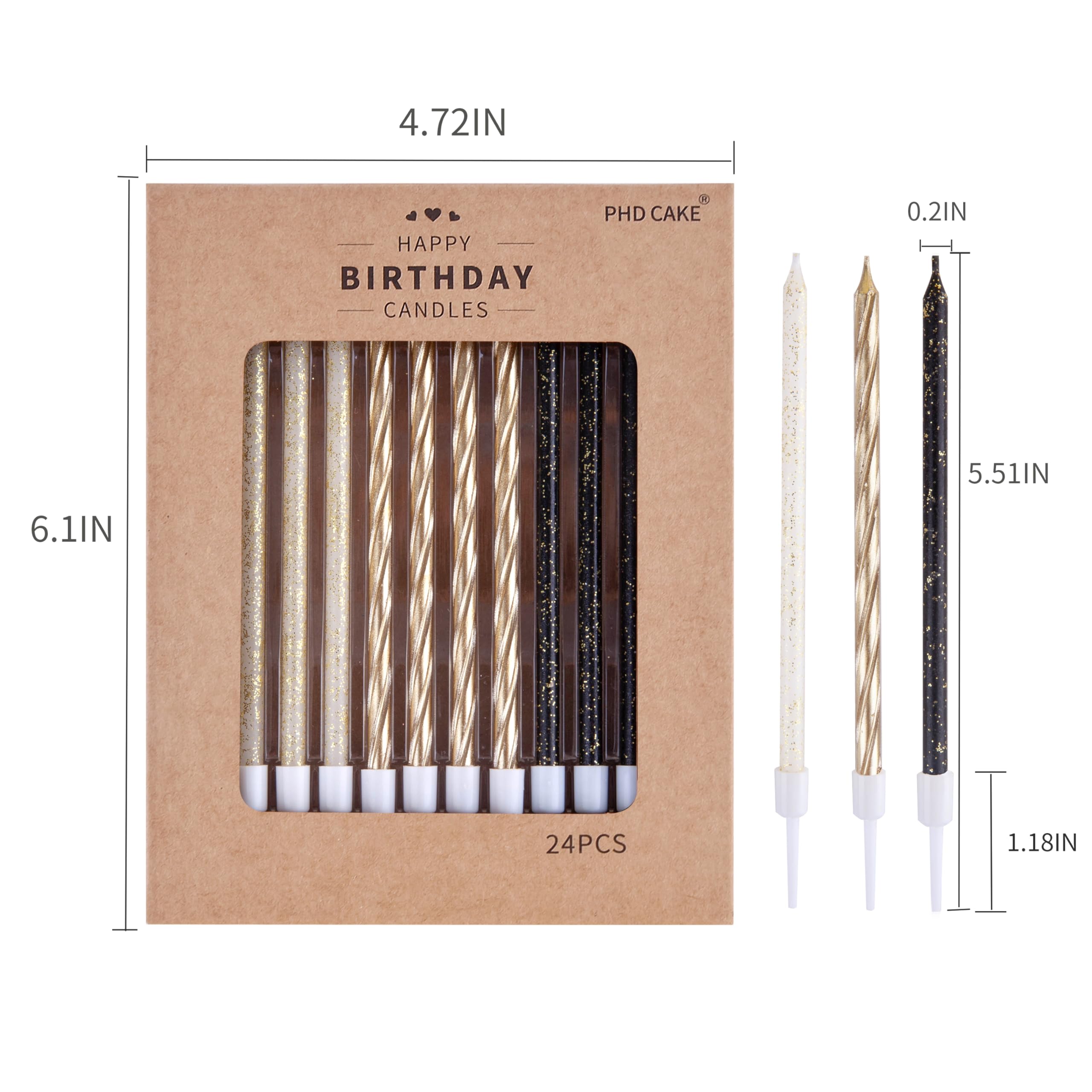 PHD CAKE Gold Black White Thin Birthday Candles for Wedding & Party Decor