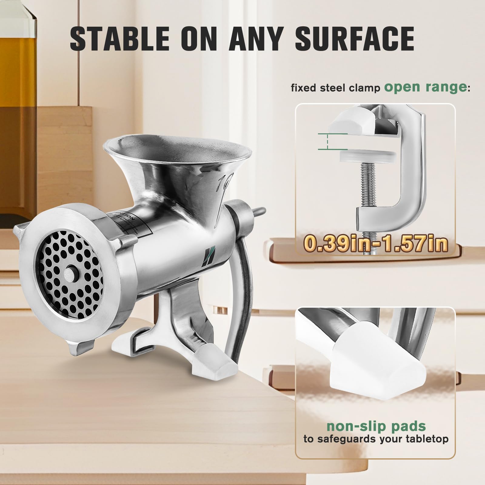 Huanyu Stainless Steel Manual Meat Grinder with Table Clamp - Heavy Duty Sausage Maker for Chicken, Beef, Small Bones & Chili - Perfect for Home Kitchen, Camping & Food Prep (Model HZ-10)