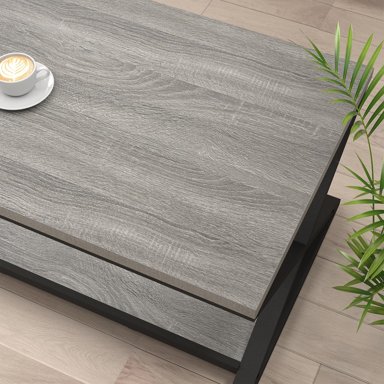 HSH Rustic Grey Coffee Table - Modern Minimalist 2-Tier Living Room Table with Storage Shelf, Industrial Style Metal & Wood Center Table for Home, Office, Bedroom - 39 Inch Rectangle Cocktail Tea Table - Perfect for Small Spaces, Entertaining Guests, and Stylish Home Decor