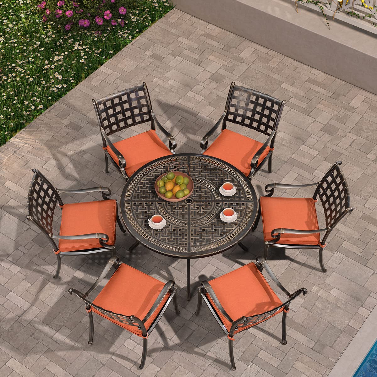 PURPLE LEAF 7-Piece Outdoor Dining Set - Cast Aluminum Patio Furniture with 6 Armchairs & 47