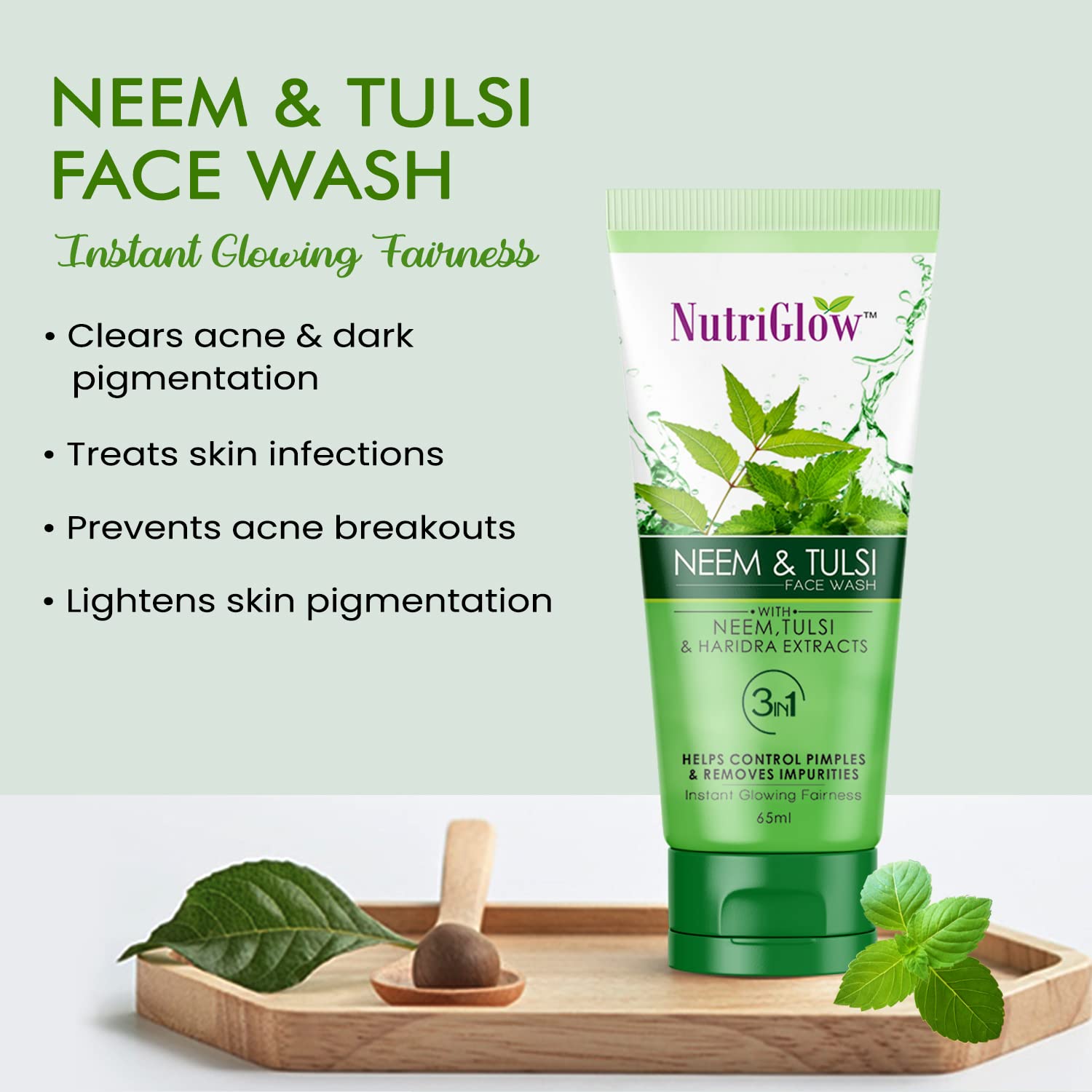 NutriGlow Neem & Tulsi Face Wash for Oily & Acne-Prone Skin - Gentle Moisturizing, Non-Foaming Cleanser - Paraben & Sulfate Free - 65ml (Pack of 5) - Perfect for Daily Skincare Routine & Travel