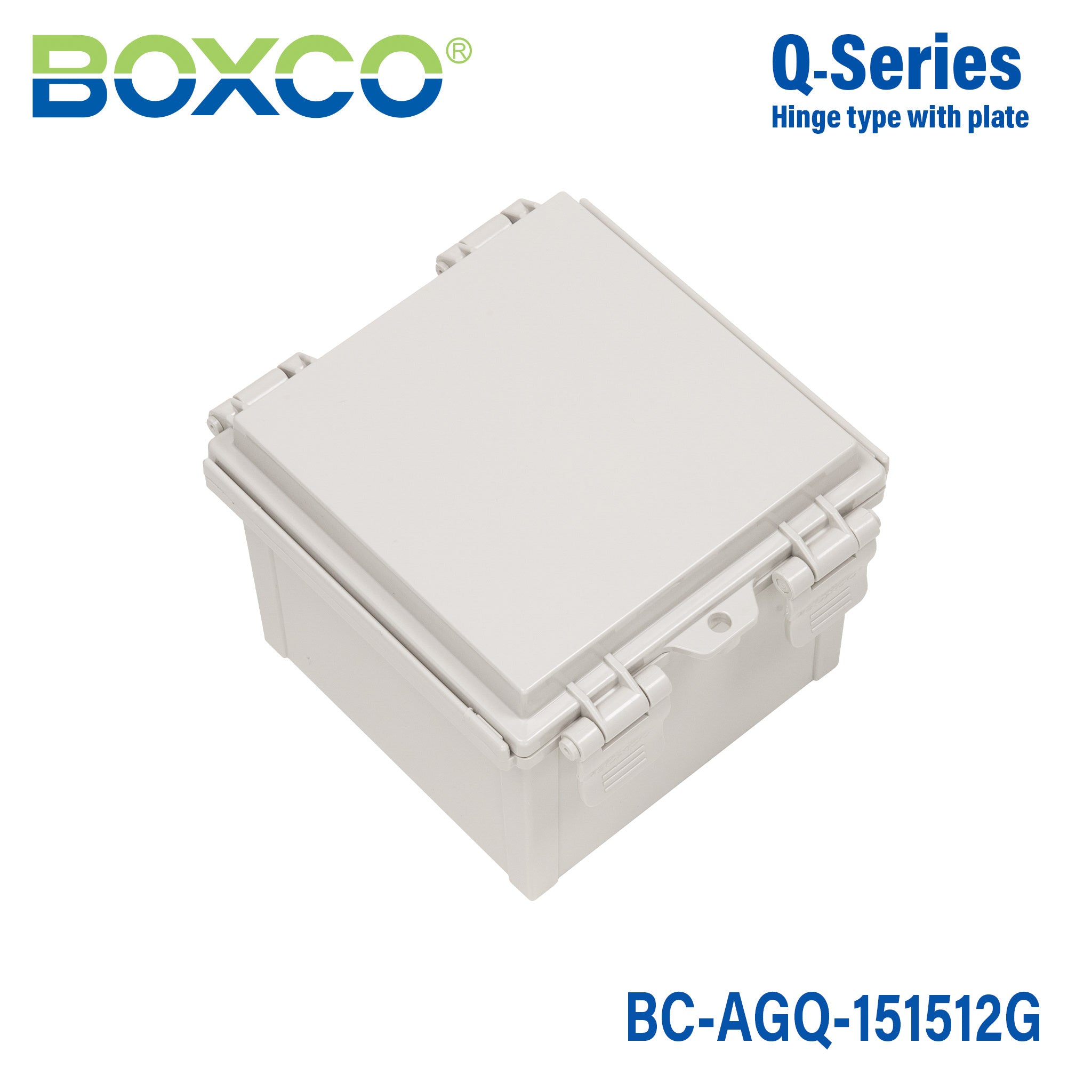Boxco Q Series 5.91 x 5.91 x 4.72 Inches (150 x 150 x 120mm) Waterproof Plastic Enclosure - IP67 & IK08 Rated, ABS Material, Grey Hinge Cover with Mounting Plate - Ideal for Outdoor Electronics, Industrial Equipment & DIY Projects
