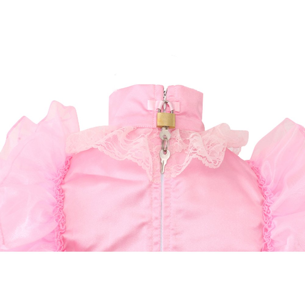 Sexy Pink Satin French Maid Costume with Lockable Design - Women's Crossdress Lingerie Dress for Cosplay, Role Play & Halloween Parties