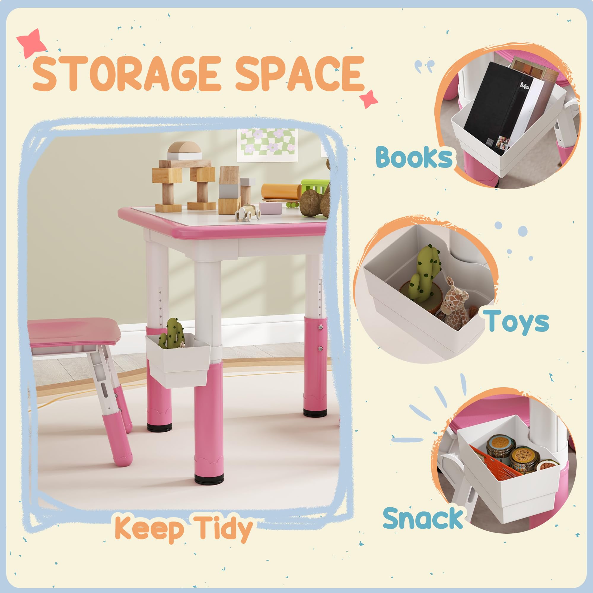 Qaba 3-Piece Kids Table and Chair Set - Adjustable Height Toddler Activity Table with Storage - Perfect for Playroom, Nursery, Classroom (Pink) | Ideal for Arts & Crafts, Snack Time, and Learning Activities