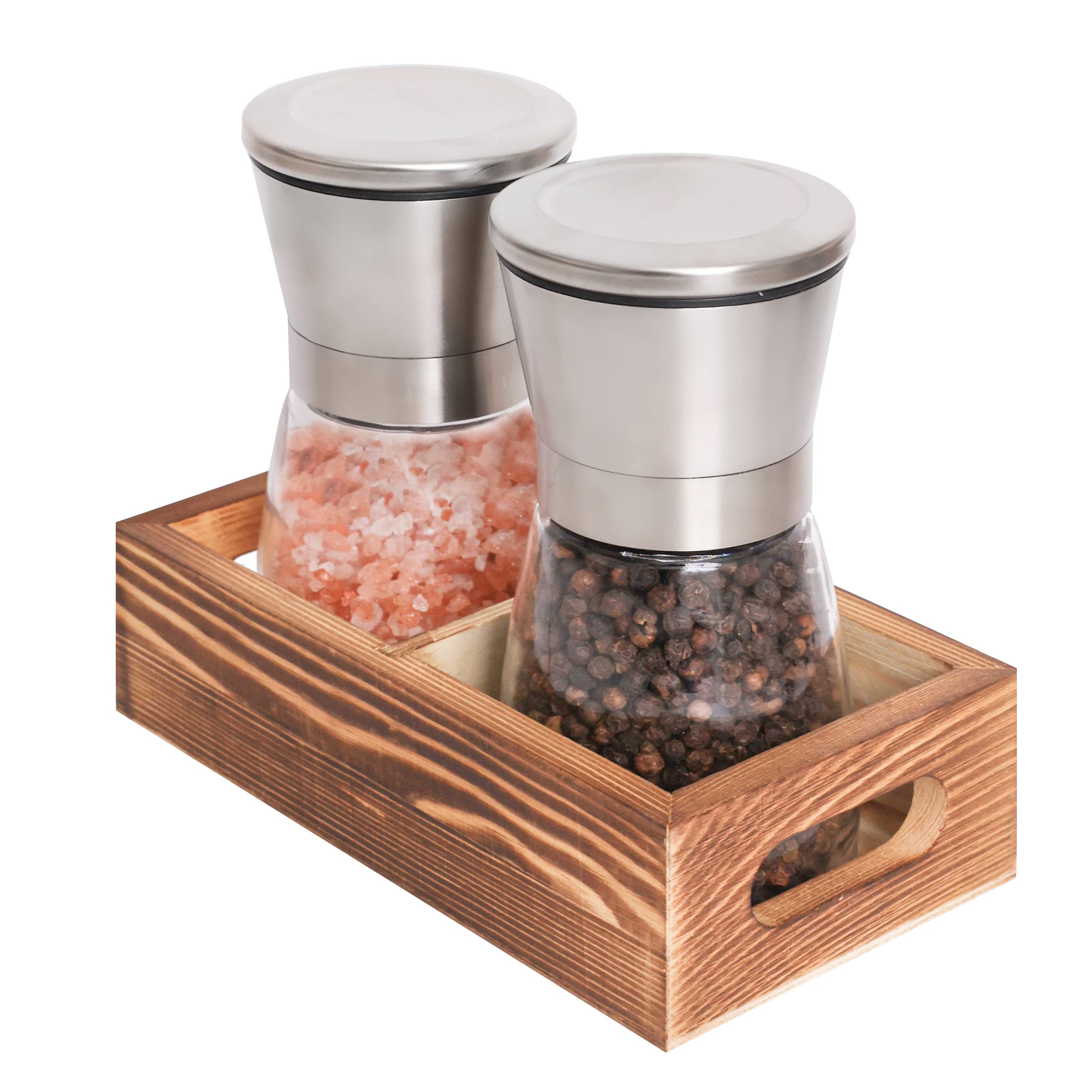 Premium Salt and Pepper Grinder Set with Wood Tray - Adjustable Manual Sea Salt & Peppercorn Mill - Refillable Glass Containers with Stainless Steel Caps - Perfect for Farmhouse Kitchen, Dining Table & Gourmet Cooking