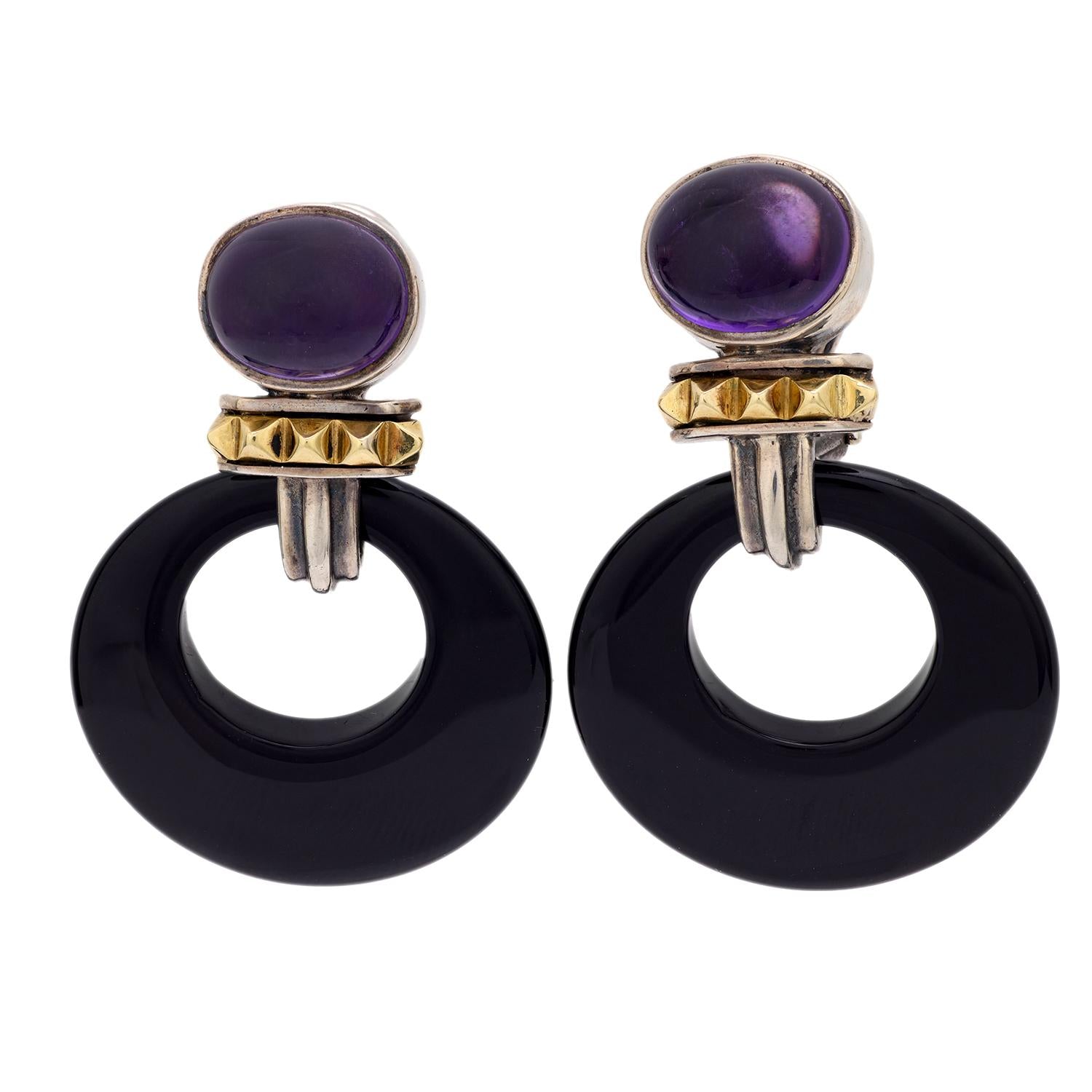 LAGOS Estate 18k Gold & Sterling Silver Amethyst Onyx Hoop Earrings for Women - Elegant Jewelry Gift for Birthday, Anniversary & Special Occasions
