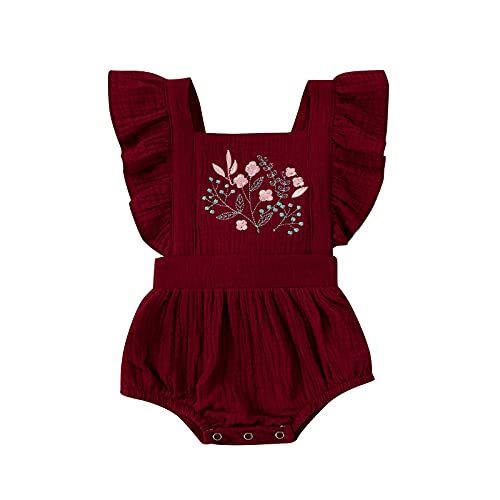 Unisex Baby Romper - Flower Embroidery Sleeveless Jumpsuit for Boys & Girls | Soft Cotton Summer Outfit | 9-12 Months (Red) | Perfect for Playdates, Beach Trips & Family Photos