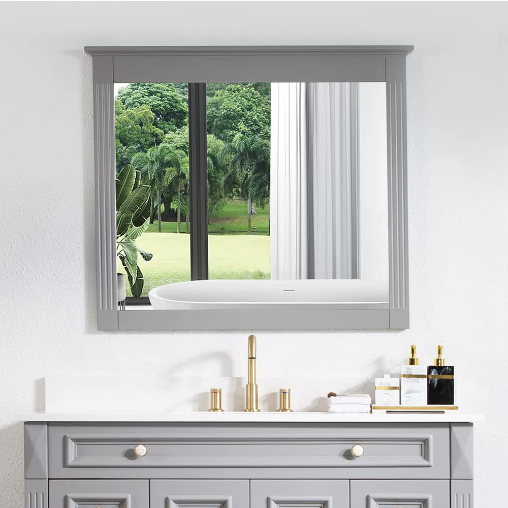 WELLFOR 38x33 Inch Wall Mounted Wood Framed Vanity Mirror - Rectangle HD Bathroom Mirror with Vertical/Horizontal Hanging Options - Perfect for Bathroom, Living Room & Entryway Decor - Elegant Grey Finish