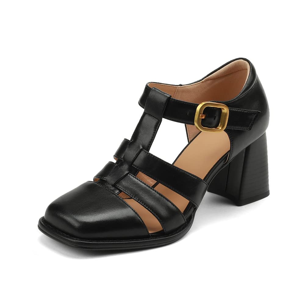 TinaCus Women's Square Toe Genuine Leather Handmade Buckle Mid Heel Sandals - Comfortable Chunky Heels for Casual Outings, Parties & Office Wear