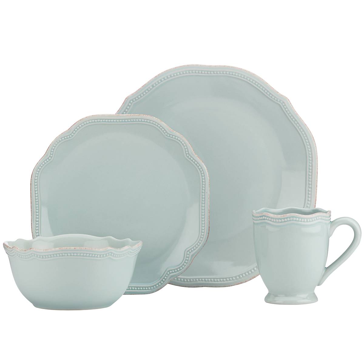 French Pearl Bead Ice Blue 4-Piece Dinnerware Set - Elegant Tableware for Wedding, Party & Formal Dining