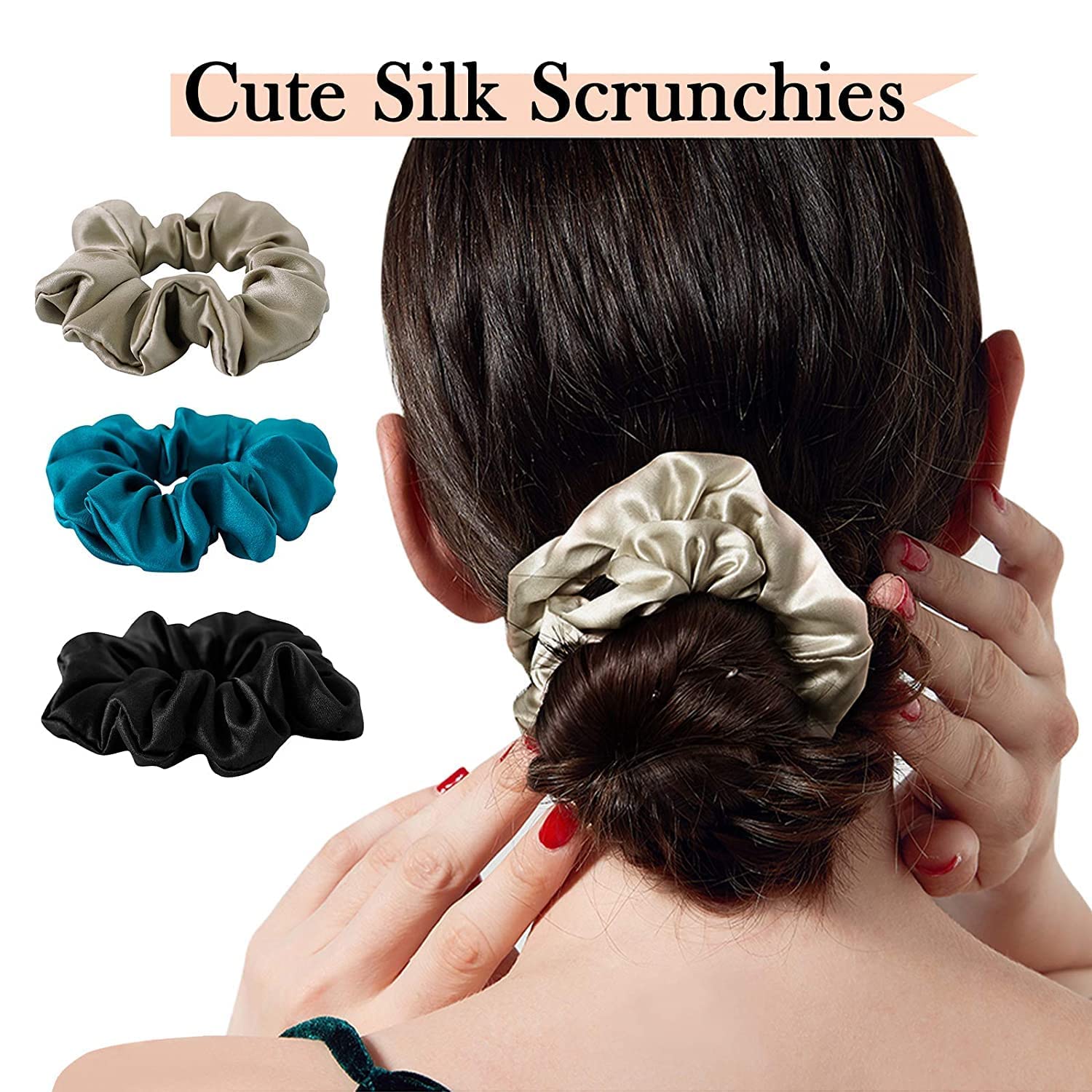 AP SALES 100% Mulberry Silk Scrunchies for Women & Girls – 19 Momme Natural Silk Hair Ties | Soft, No-Pull Elastic Hair Bands (Peacock Blue, Apricot Black) – Perfect for Daily Wear, Workouts & Protecting Hair While Sleeping