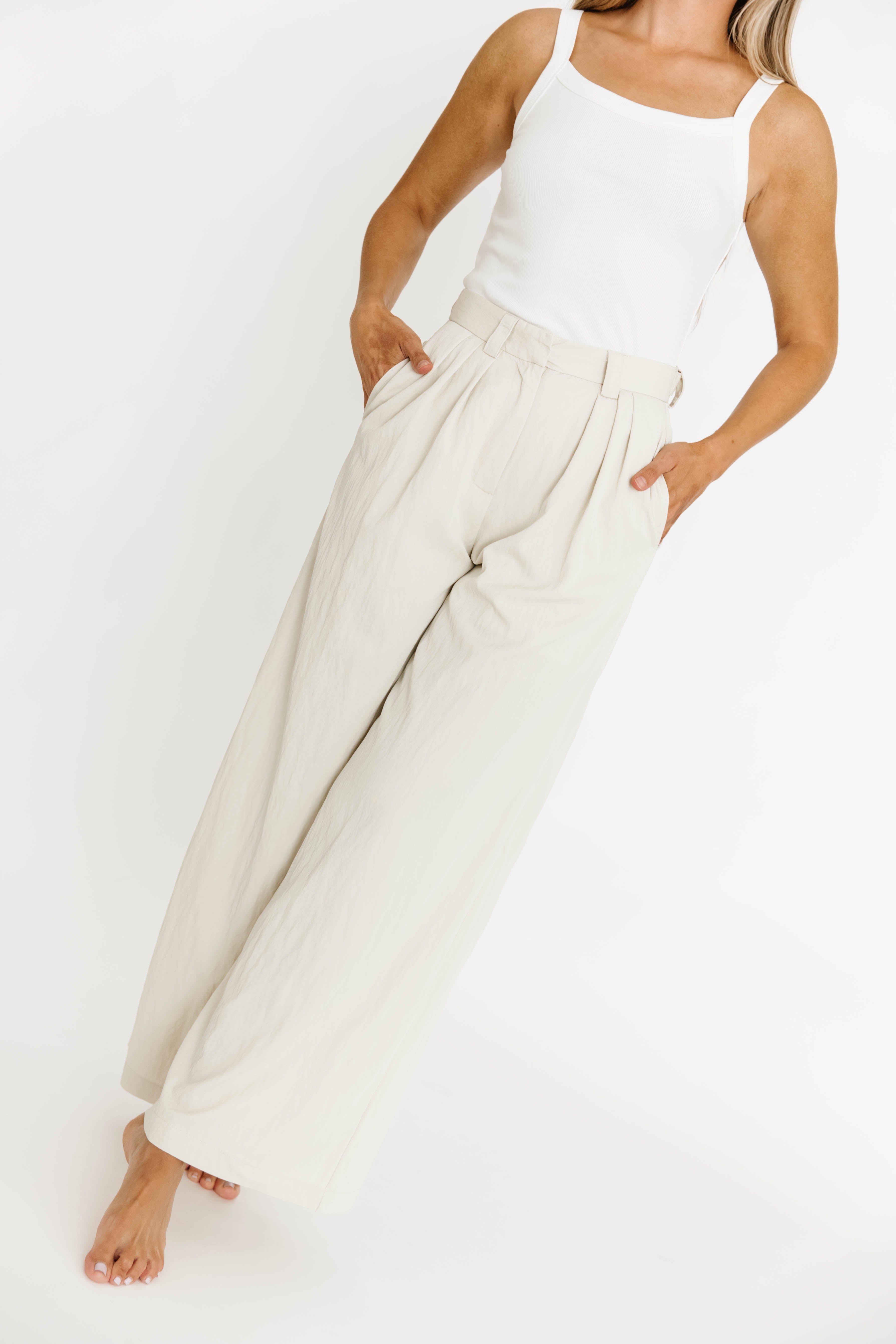 Ria Lightweight High Rise Pleated Wide Leg Pants for Women - Oatmeal White Casual Trousers | Perfect for Office, Travel & Everyday Wear