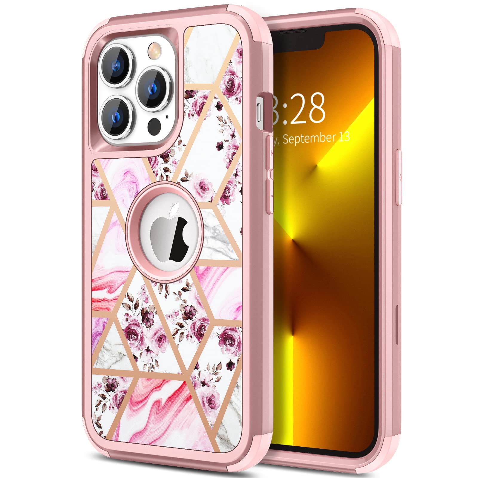 Hython Glitter Bling Shockproof iPhone 13 Pro Max Case - Heavy Duty 3-in-1 Hybrid Hard PC & Soft TPU Bumper Defender Protective Cover for Women & Girls (Floral/Marble Design) - Perfect for Daily Use, Travel & Gift Giving