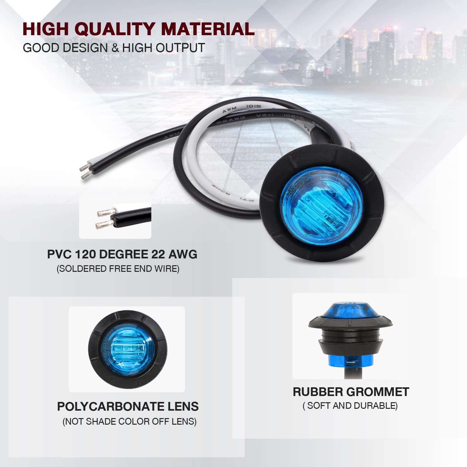 50 Pcs 3/4 Inch Round Blue LED Side Marker Lights with Grommet - 12V DC Flush Mount 3-LED for Truck, Trailer, Pickup & Van - Perfect for Night Driving & Vehicle Safety Lighting
