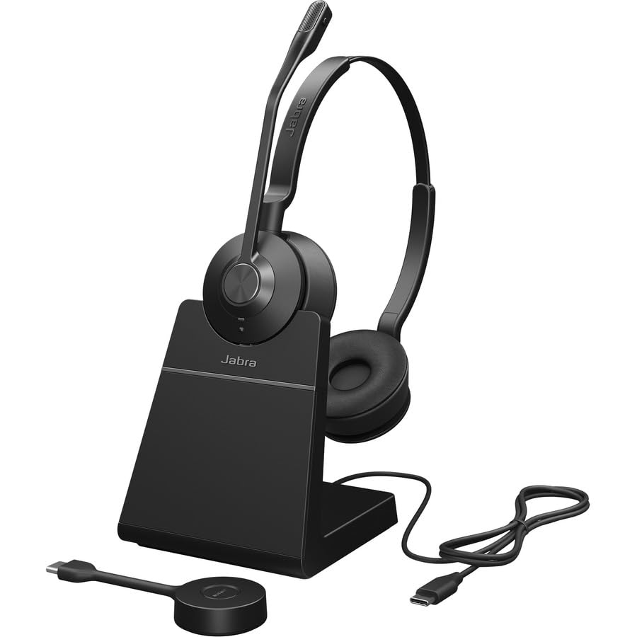 Jabra Engage 55 Stereo Wireless Headset with Link 400 USB-C DECT Adapter & Charging Stand - Noise Cancelling Mic, Long Range - MS Teams Certified, Compatible with Zoom/Slack/Webex - Black - Perfect for Remote Work, Call Centers & Office Professionals