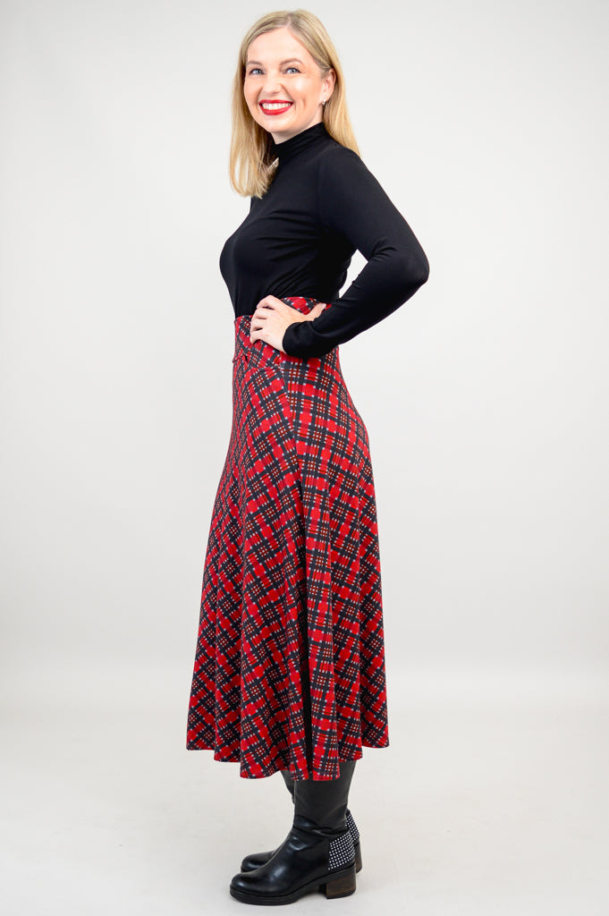 Gillian Skirt - Stylish Cherry Plaid Bamboo Midi Skirt for Women | Perfect for Casual Outings, Office Wear & Summer Fashion