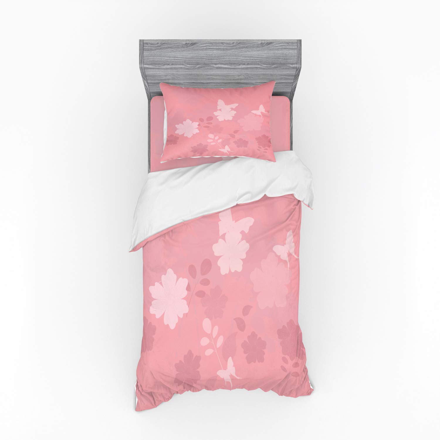 Ambesonne Rose 3-Piece Twin Bedding Set - Dreamy Fantasy Spring Nature Duvet Cover with Sham & Fitted Sheet, Pale Rose Floral Design with Butterflies | Perfect for Girls Bedroom, Guest Room & Spring Decor