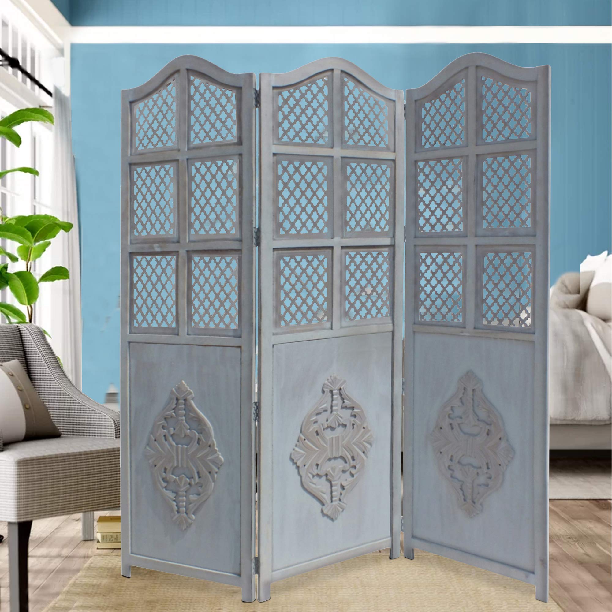 TUP The Urban Port 3-Panel Wooden Room Divider with Traditional Carvings & Cutouts - Blue Privacy Screen for Home, Office, Studio or Event Decoration