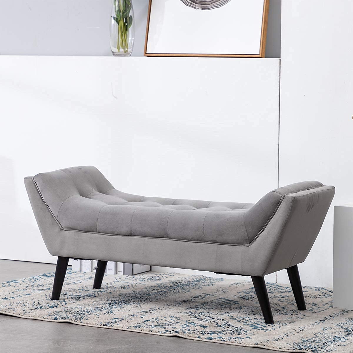 Haobo Tufted Fabric Upholstered Bed Bench Ottoman Footstool - 2-Seater Gray Storage Stool for Bedroom, Living Room & Entryway - Perfect for Sitting, Lounging & Extra Storage