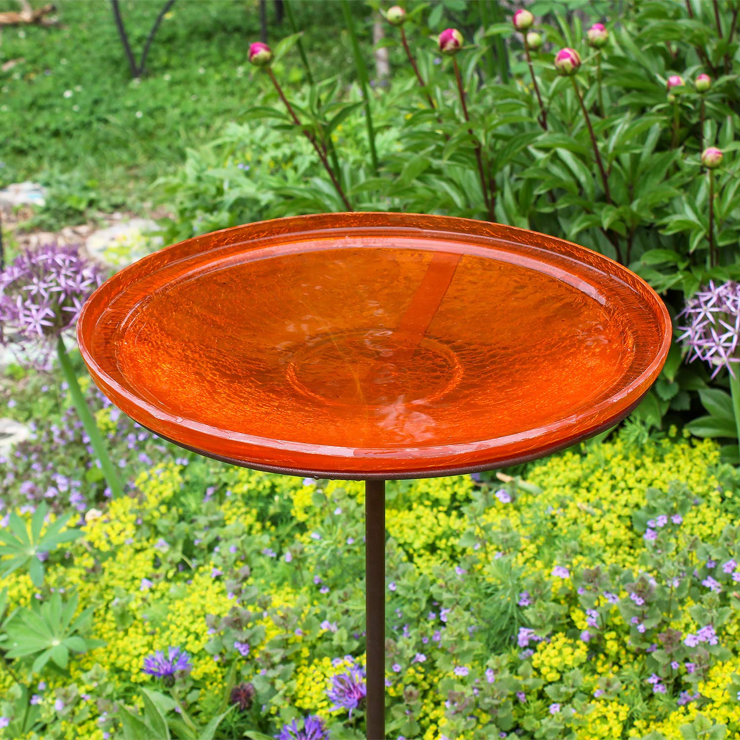 Achla Designs 14-inch Crackle Glass Birdbath Bowl with Stake - Decorative Garden Bird Feeder for Outdoor Patio, Yard & Backyard Decor - Attracts Wild Birds for Bird Watching