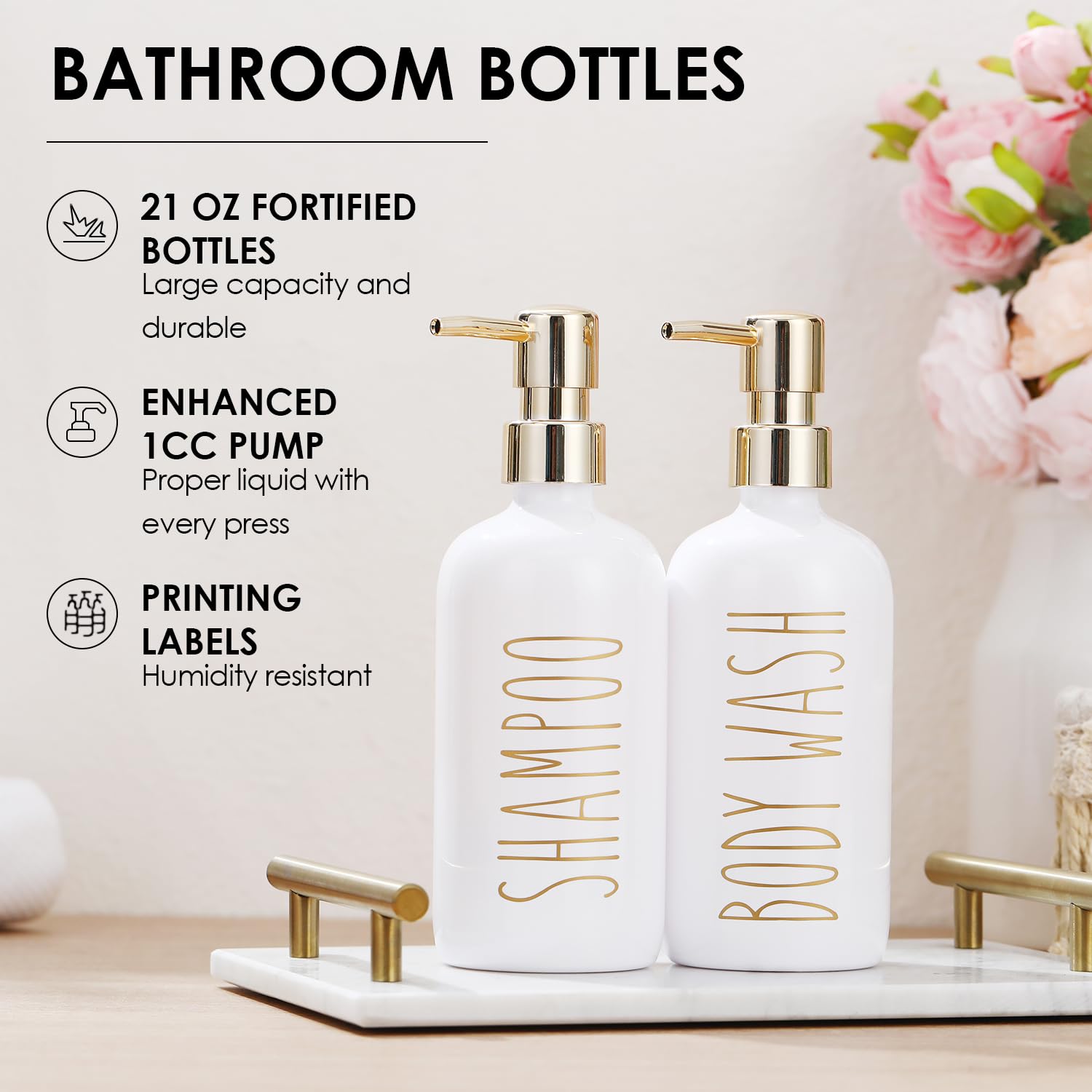 HOMCDALY 21oz Shampoo and Conditioner Dispenser Set of 3 - Refillable Pump Bottles for Shower, Bathroom & Travel - Gold (Perfect for Organizing Shampoo, Conditioner, Body Wash & Liquid Soap)