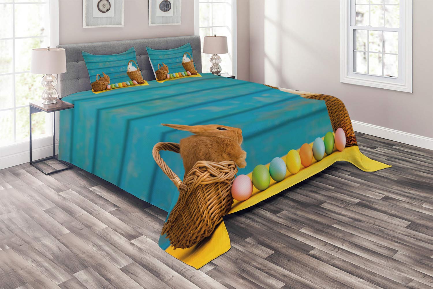 Ambesonne Easter Bunny Quilt Set - King Size 3-Piece Bedspread with 2 Pillow Shams, Pastel Blue Woodland Design Featuring Rabbits & Dyed Eggs | Spring Home Decor, Easter Bedding, Holiday Guest Room Makeover