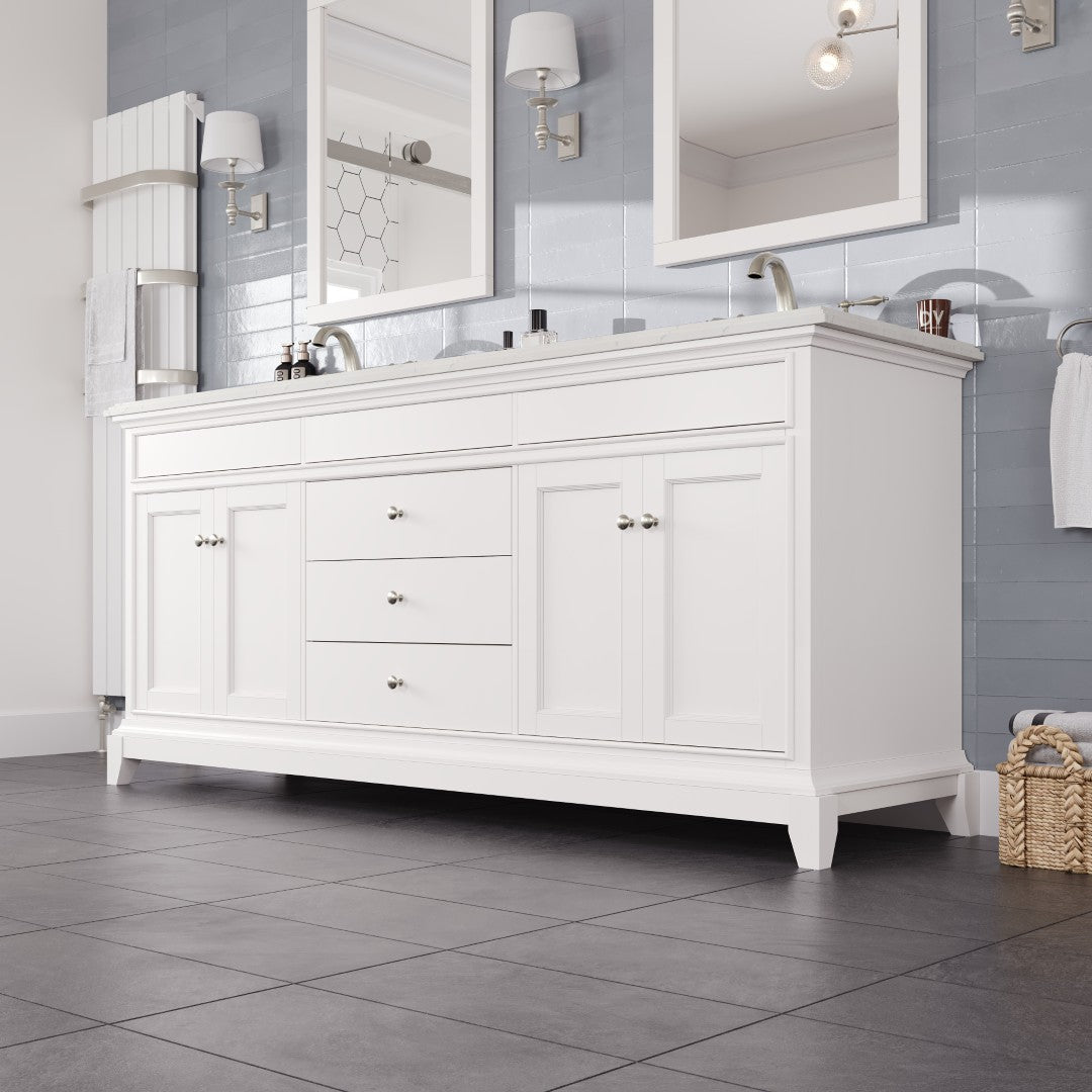 Elite Stamford 72 Inch White Double Sink Bathroom Vanity with Carrara Quartz Countertop & Undermount Porcelain Sinks - Perfect for Modern Master Bathrooms and Luxury Home Renovations