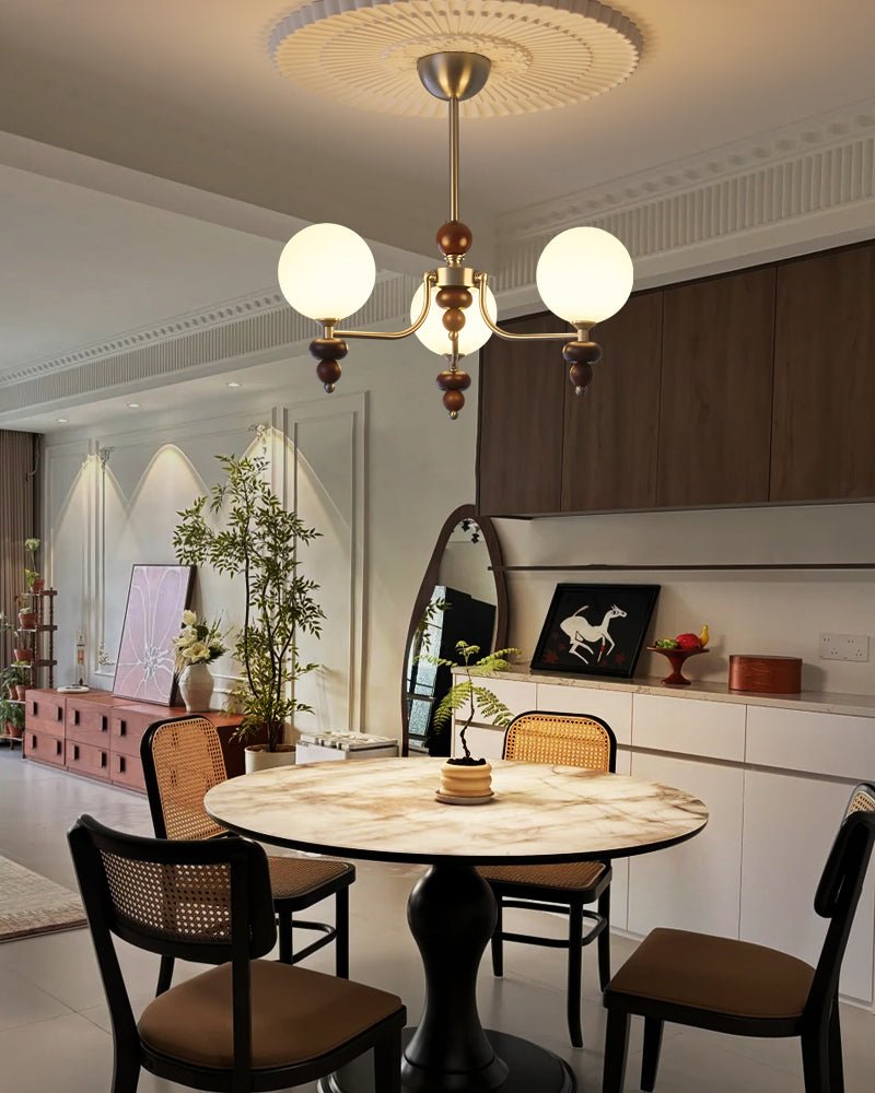 Celestial Sphere Walnut Wood Chandelier - Elegant Handcrafted Lighting Fixture for Dining Room, Bedroom, or Living Room Decor