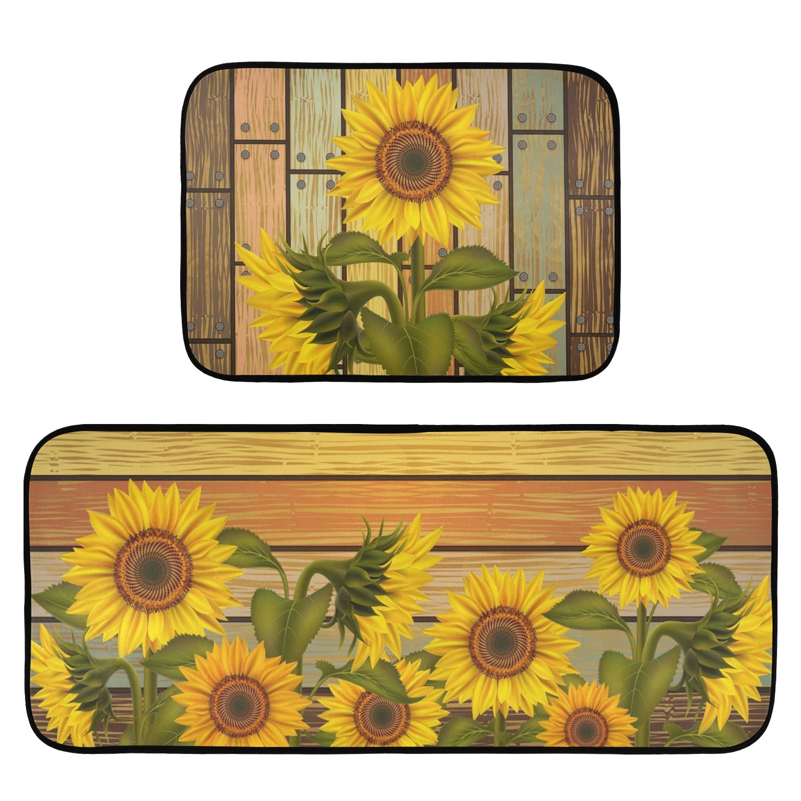 CaTaKu Non-Slip Watercolor Sunflower Kitchen Rugs Set of 2 - Washable Polyester Floor Mats for Comfortable Standing in Kitchen, Laundry, Sink & Office - Perfect for Farmhouse Decor & High-Traffic Areas
