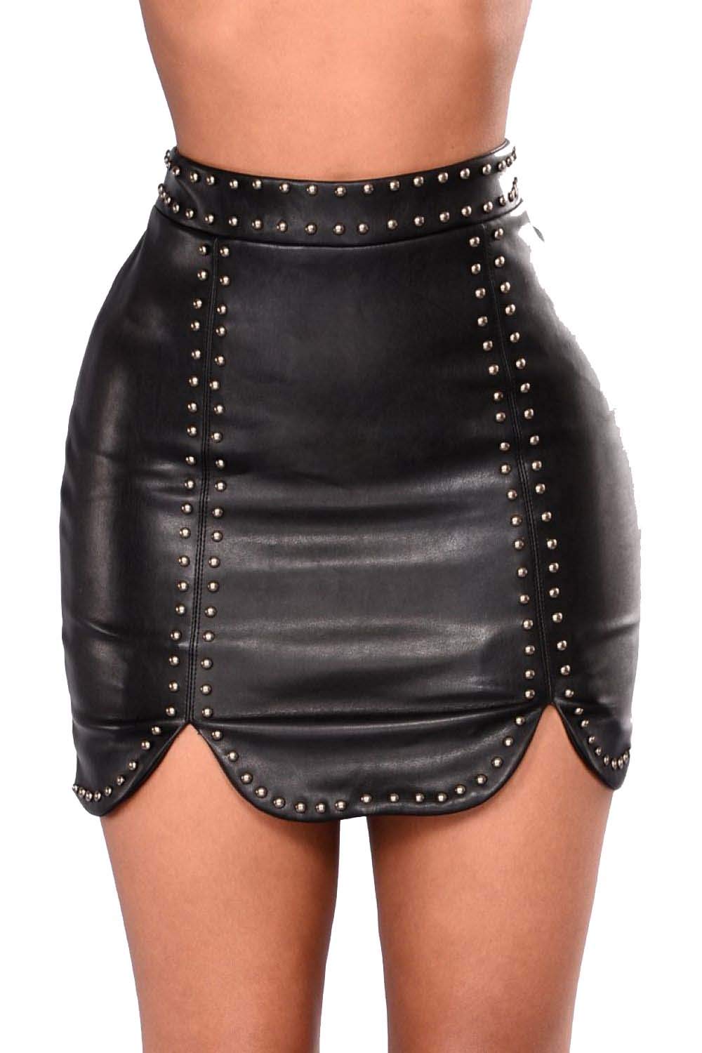 Genuine Soft Lambskin Black Leather Mini Skirt for Women with Silver Studs - Perfect for Night Out, Party, and Date Night Outfits