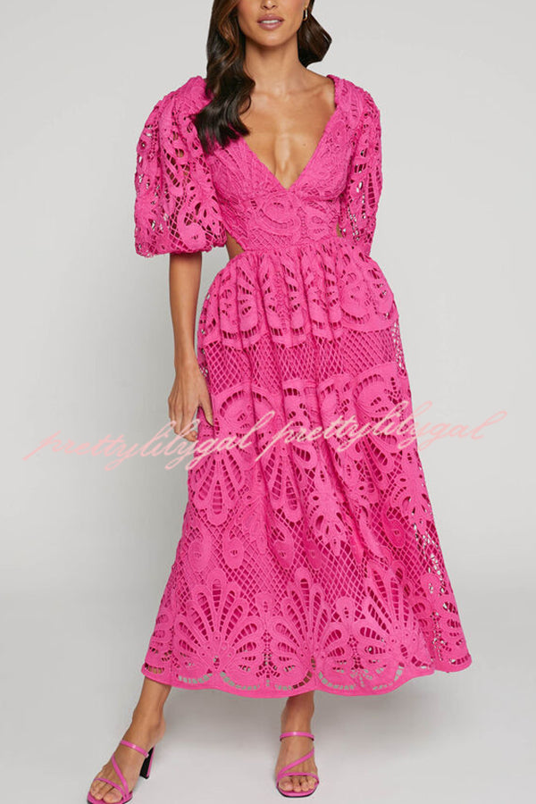 Elegant Solid Color V-Neck Lace Maxi Dress for Women - Sexy Hollow Out Waistless Long Dress for Summer, Beach, Party & Evening Wear
