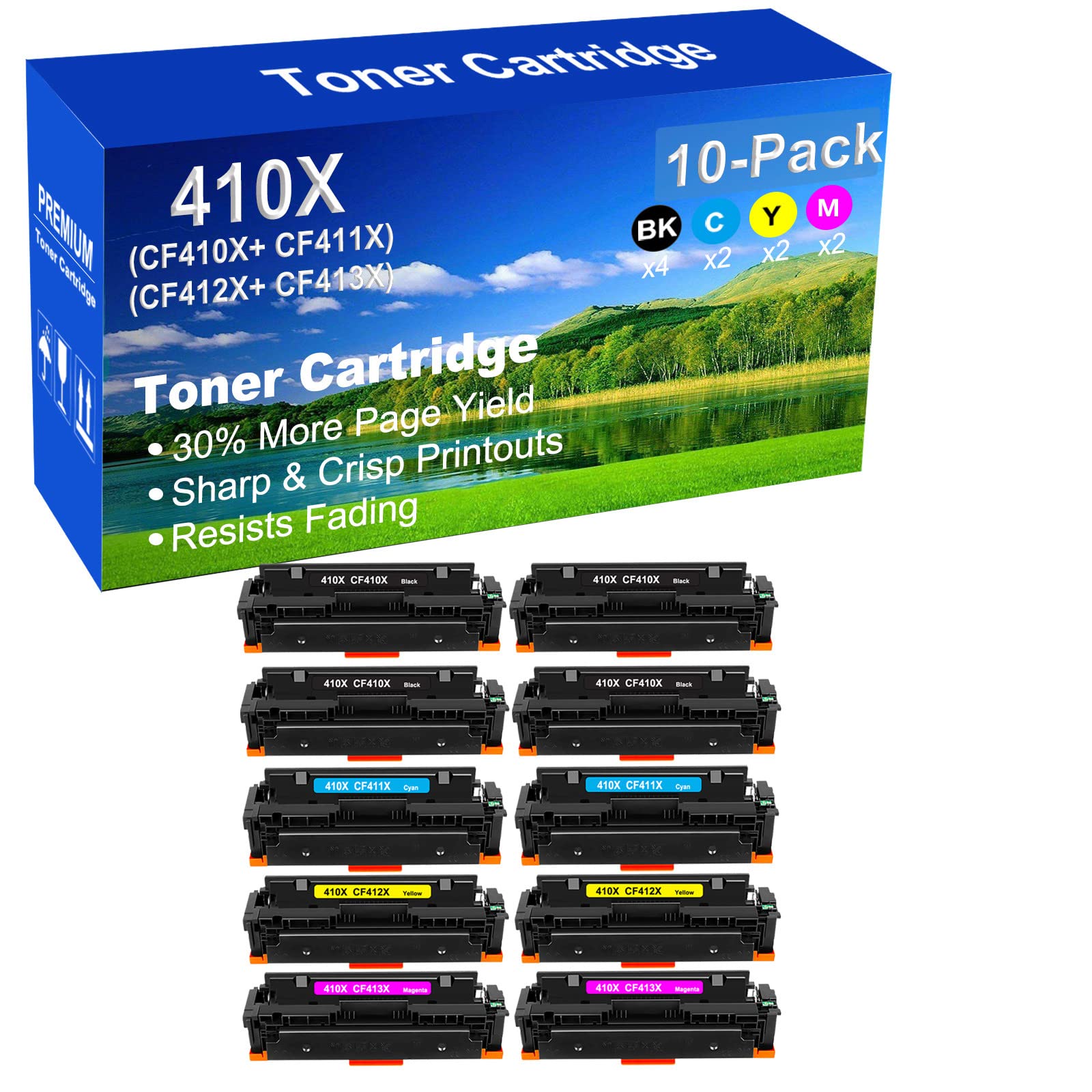10-Pack (4BK+2C+2Y+2M) High Yield Compatible Laser Toner Cartridge for HP MFP M477fnw & M377dw Printers - Replacement for CF410X/CF411X/CF412X/CF413X - Perfect for Office & Home Printing Needs