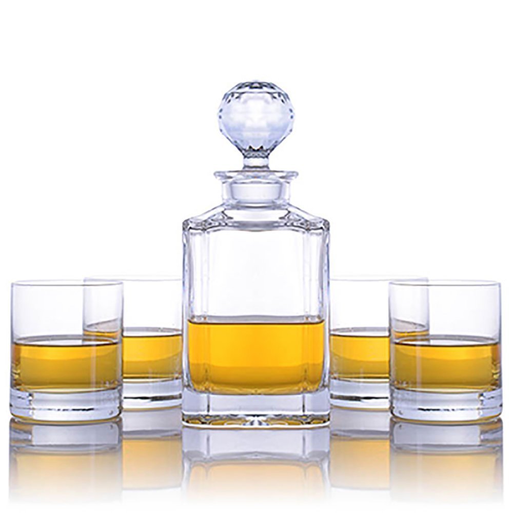 Premium Crystal Whiskey Decanter Set with 4 Glasses - Elegant Liquor Carafe & Rocks Glasses for Bourbon, Scotch, Whisky - Perfect for Home Bar, Gifts & Entertaining (5-Piece Set)
