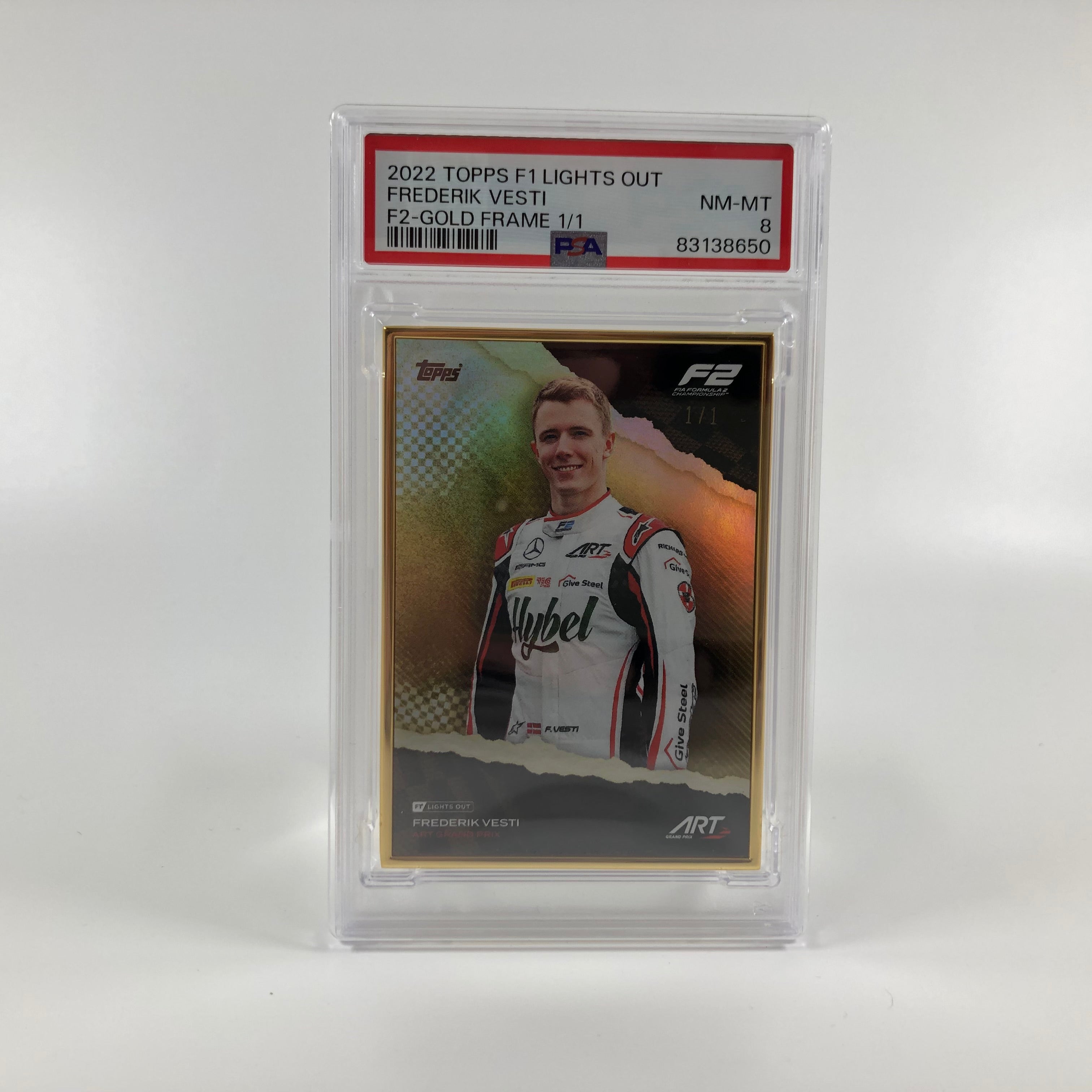 Frederik Vesti 2022 F2 Driver Gold Frame PSA 8 Graded Collectible - Perfect for Motorsport Memorabilia Displays & Racing Fan Collections