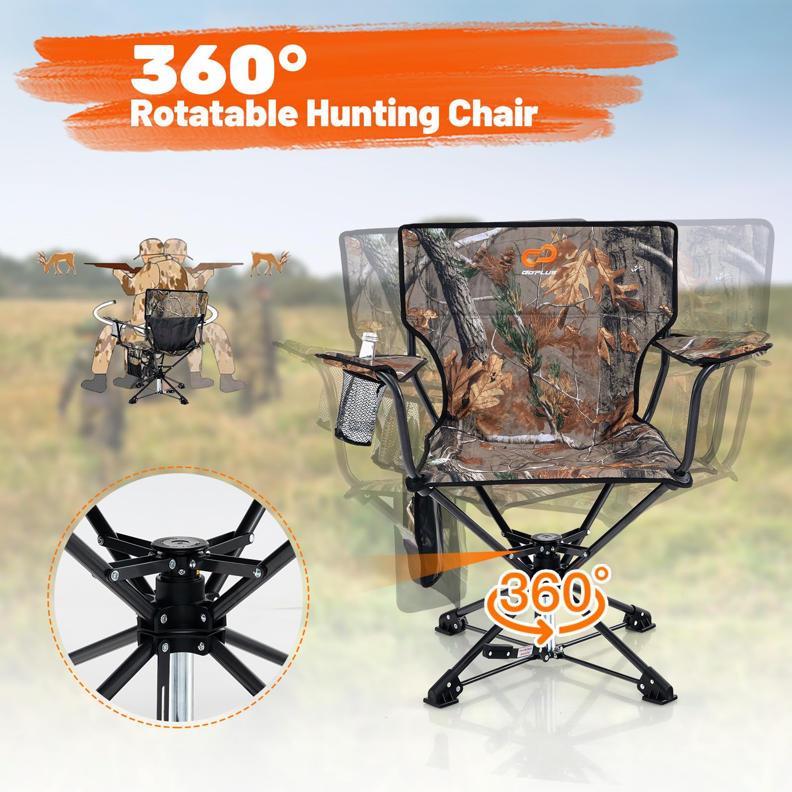 Goplus 360° Swivel Camping Chair for Adults - Portable Folding Hunting Chair with Cup Holder & Carry Bag - Rotating Lawn Chair for Fishing, Picnic, Hiking, Outdoor Activities (Camo) - Perfect for Backyard, Beach, Tailgating & Camping Trips