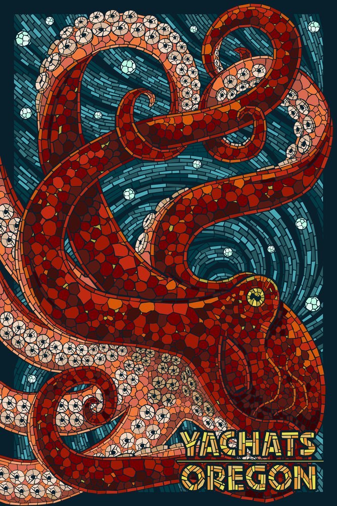 Lantern Press Yachats Oregon Octopus Mosaic Wall Art - 16x24 Wrapped Canvas Print for Coastal Home Decor, Beach House Living Room & Office Wall Decor