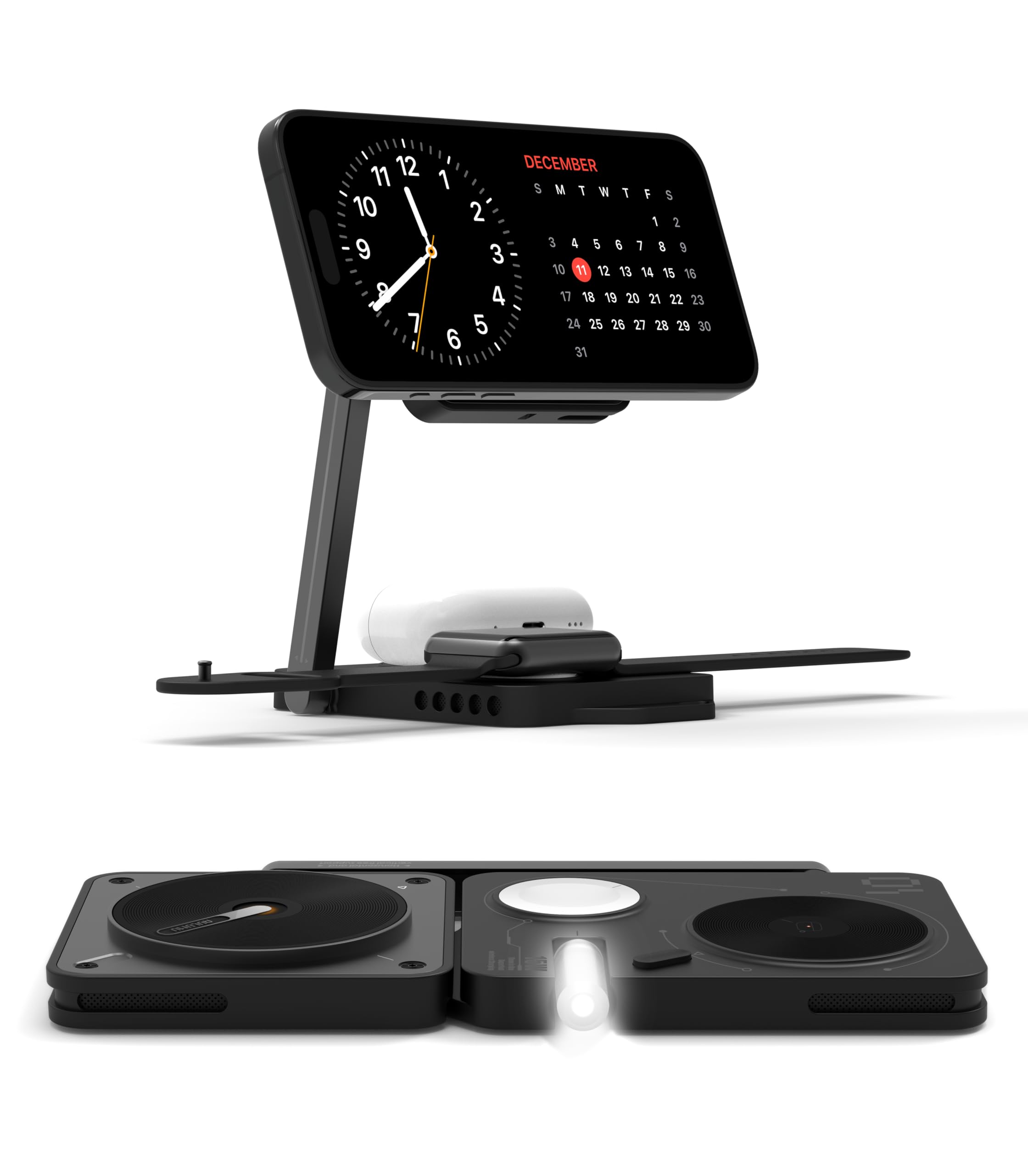 Aulumu M01 3-in-1 Foldable Magnetic Wireless Charging Station - 15W Fast Charging Stand with Magsafe Compatibility for iPhone 14/13/12, AirPods & Apple Watch - Portable Travel Charger for Home, Office & Car (Black)