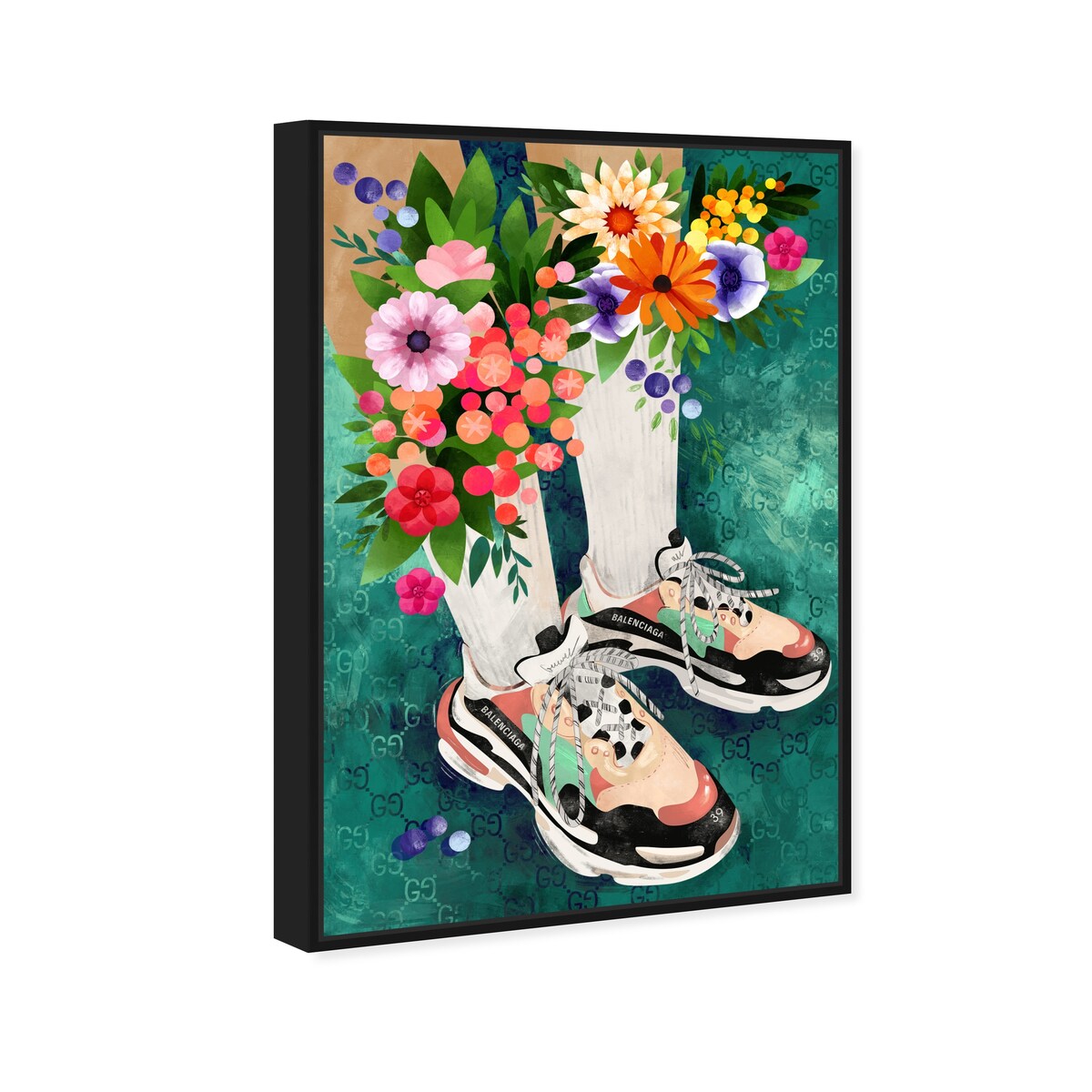 Stylish Floral Sneakers & Socks Set with Modern Green Canvas Wall Art - Perfect for Bedroom Decor and Casual Outfits