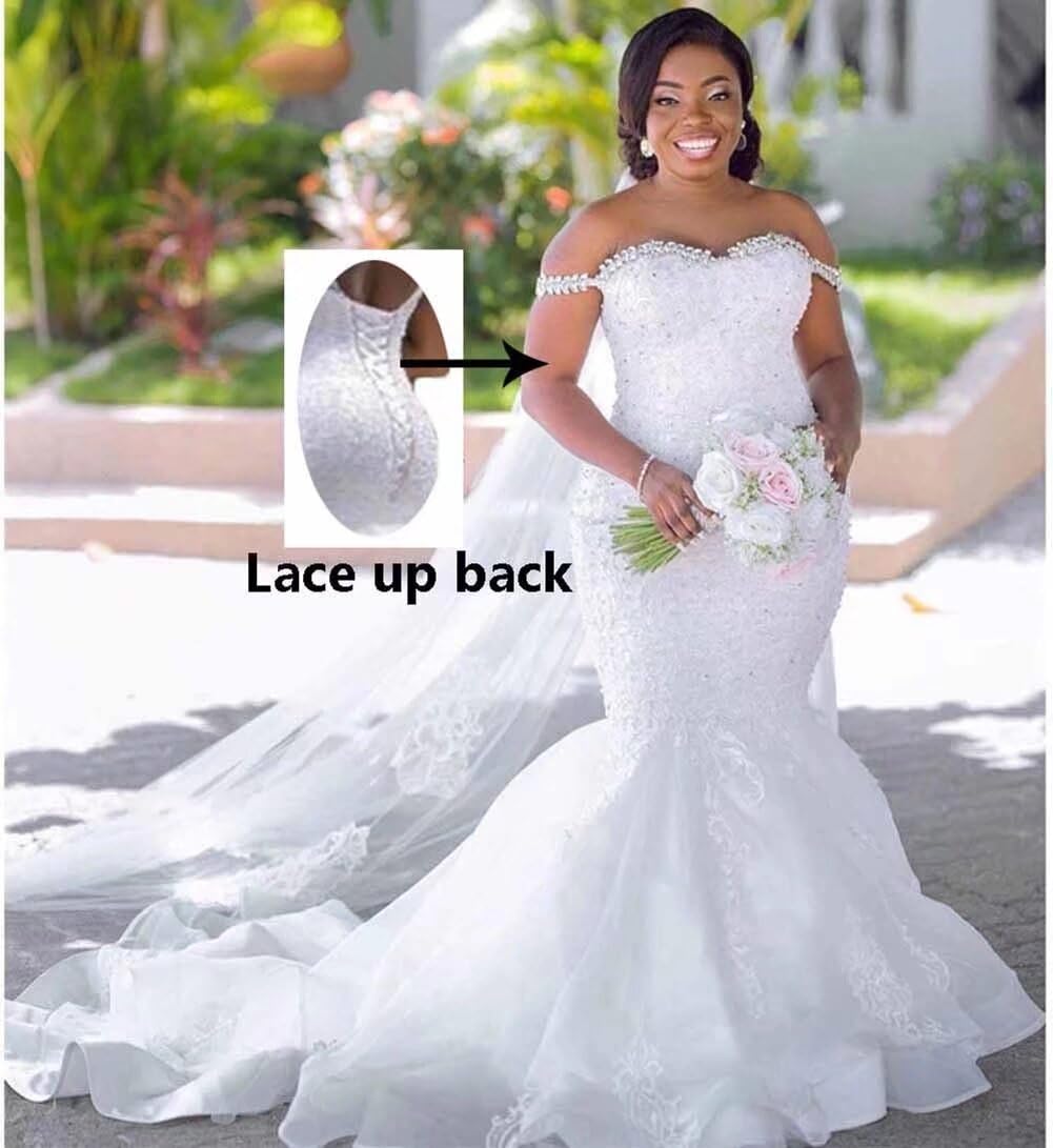 Elegant Off-The-Shoulder Mermaid Wedding Dress with Beaded Crystal Lace Appliques - Perfect for Beach, Church & Formal Wedding Ceremonies - Bride's Dream Bridal Gown