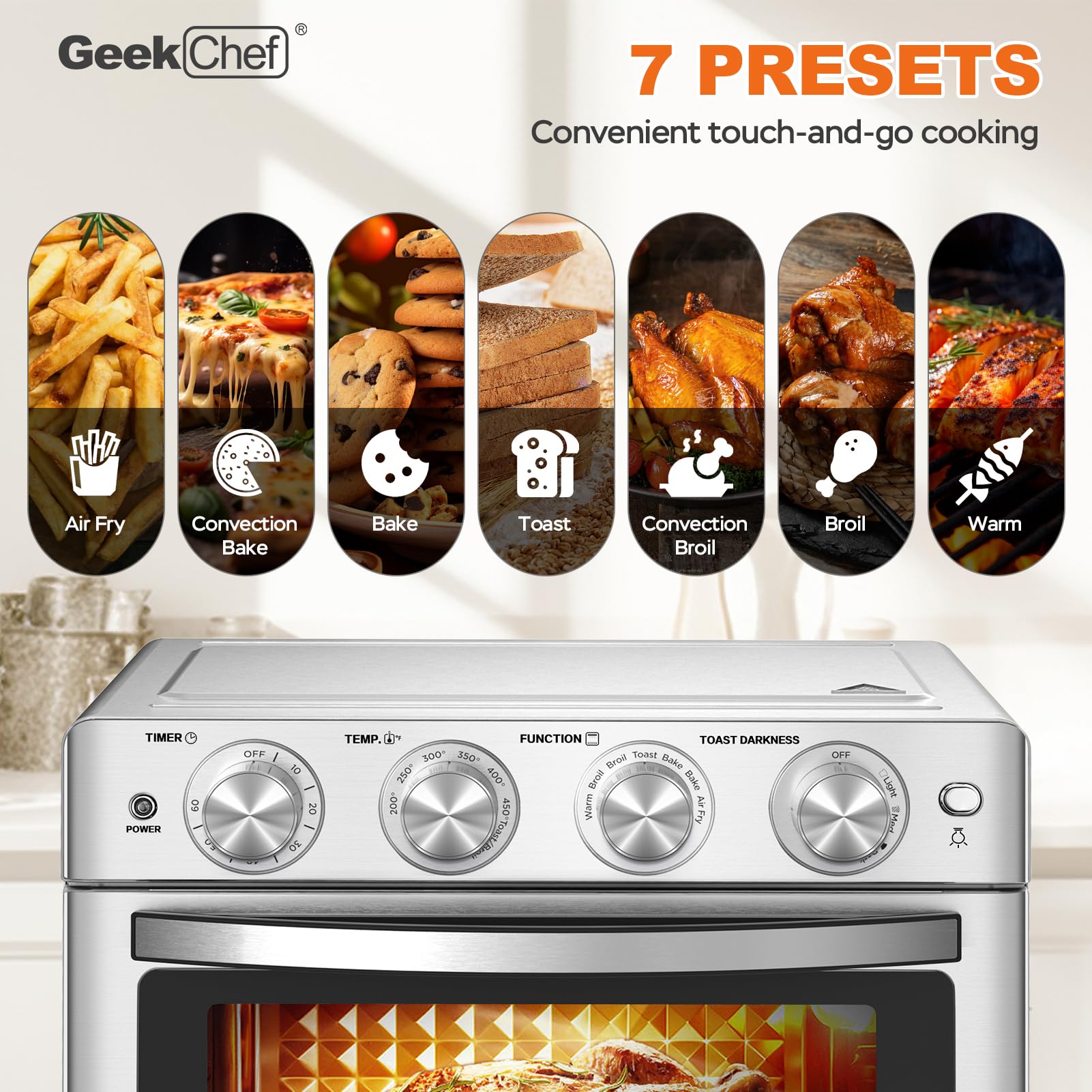 Geek Chef 26 QT Air Fryer Oven - Large Capacity Toaster Oven with Bake, Roast & Pizza Functions | 6-Slice Toaster | Stainless Steel Design | Easy to Use & Clean | Perfect for Family Cooking, Meal Prep & Healthy Air Frying