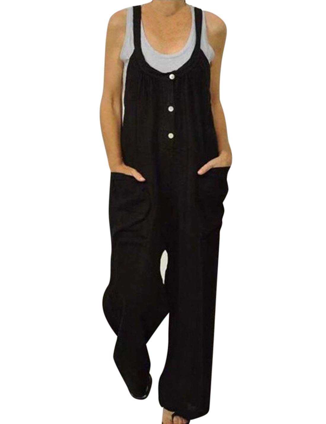 Flygo Women's Casual Cotton Linen Overalls - One Piece Cami Jumpsuit with Wide Leg Long Pants | Summer Boho Outfit for Beach, Travel & Street Style