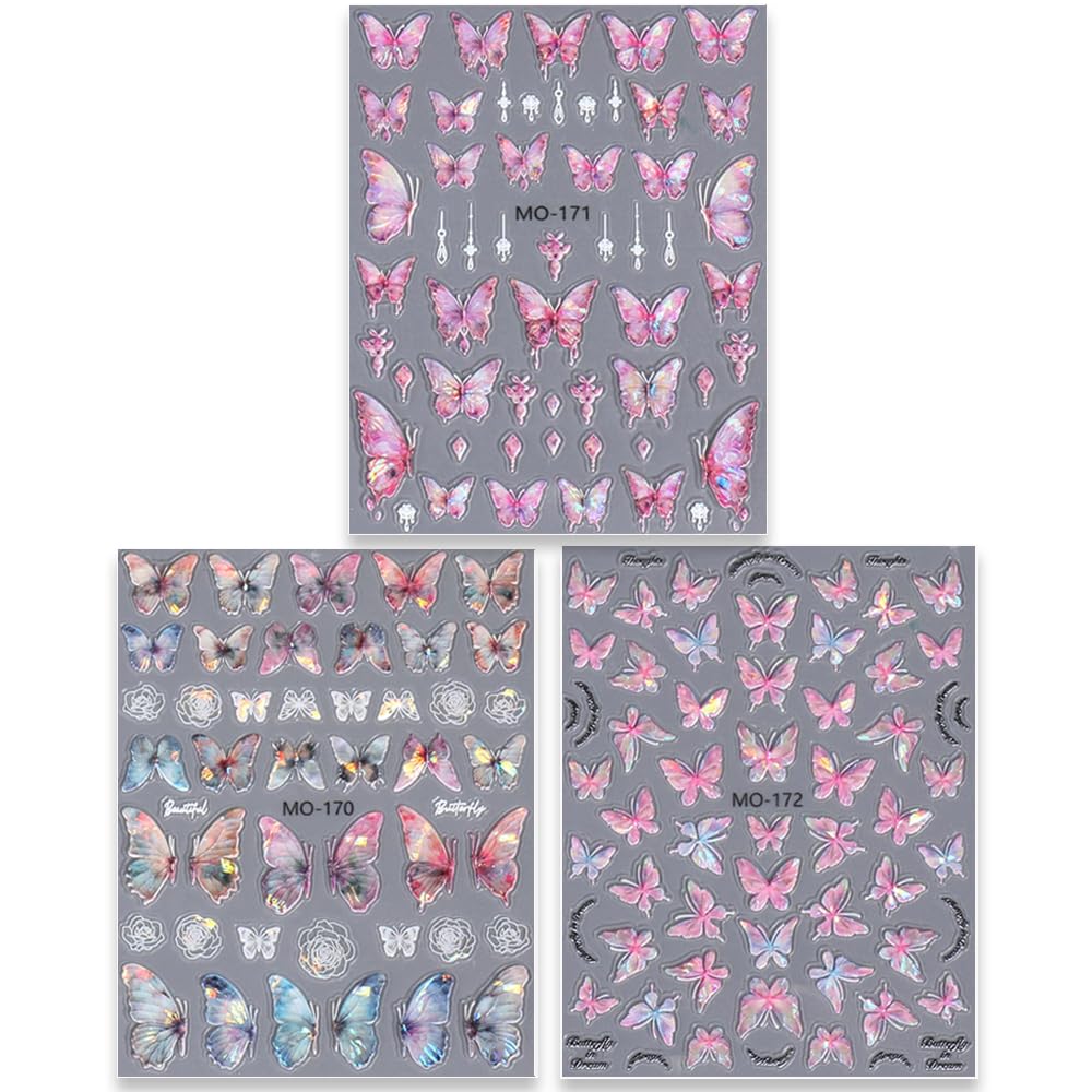 5D Aurora Butterfly Nail Stickers for Women - Cartoon Embossed Nail Art Decals with Rose Flowers | Perfect for DIY Nail Designs, Manicures, and Professional Nail Art Supplies | Great for Parties, Weddings, and Special Occasions