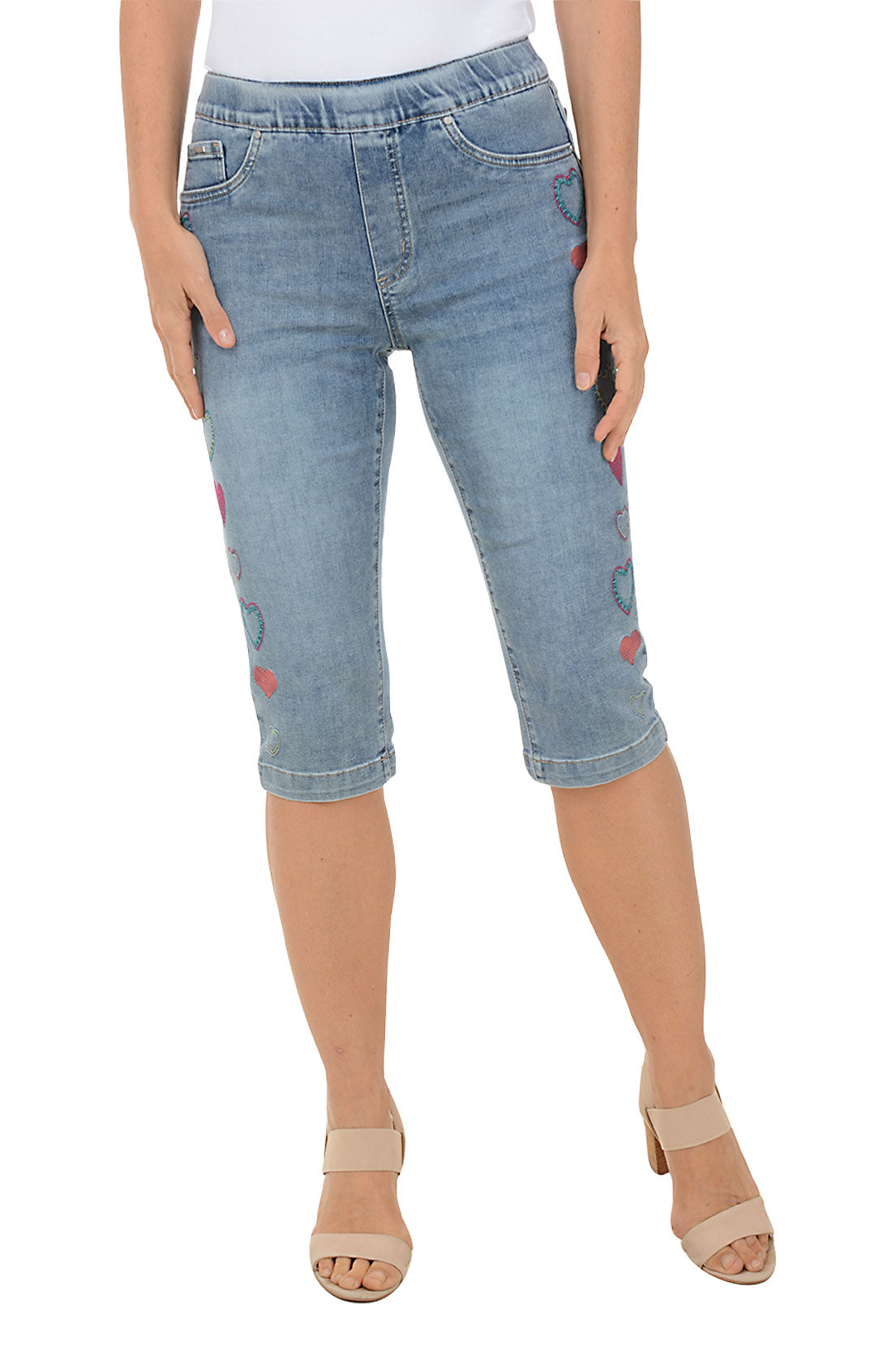 Embroidered Hearts Denim Clamdigger Pants for Women - High Waisted Vintage Style Shorts - Perfect for Summer, Beach & Casual Outings