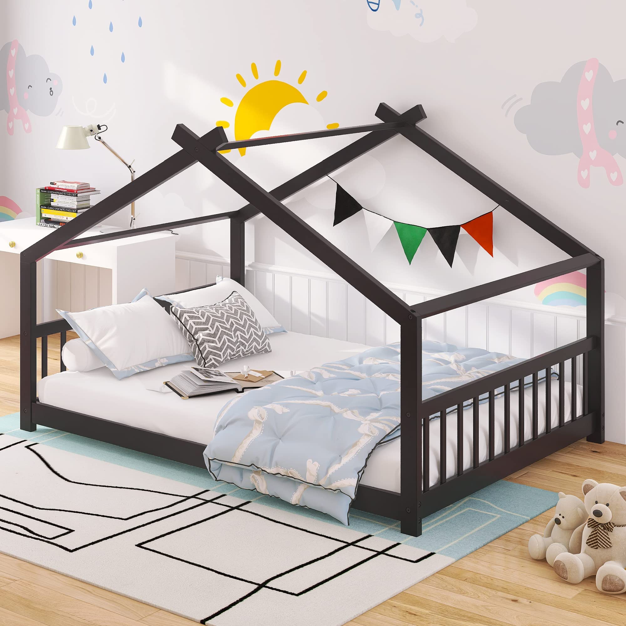 **AOCOROE Full Size Wooden Playhouse Bed Frame for Kids - Montessori Floor Bed Platform, No Box Spring Needed - Perfect for Boys & Girls Bedroom, Playroom & Montessori Learning Spaces**