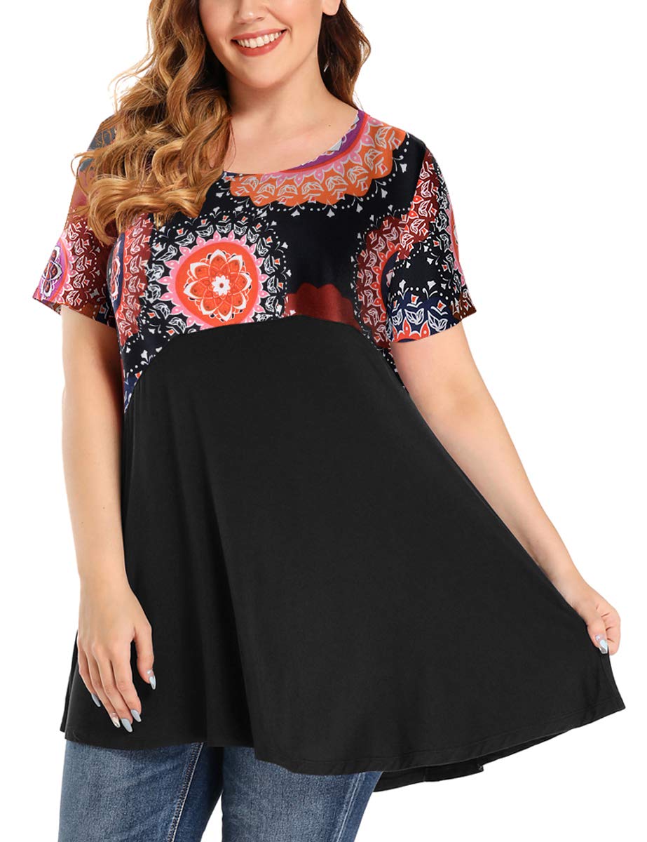 MONNURO Women's Plus Size Short Sleeve Tunic Tops - Color Block Casual Loose Swing Tee Shirts for Summer | Comfortable Tunic Top for Leggings, Yoga, Workout & Everyday Wear