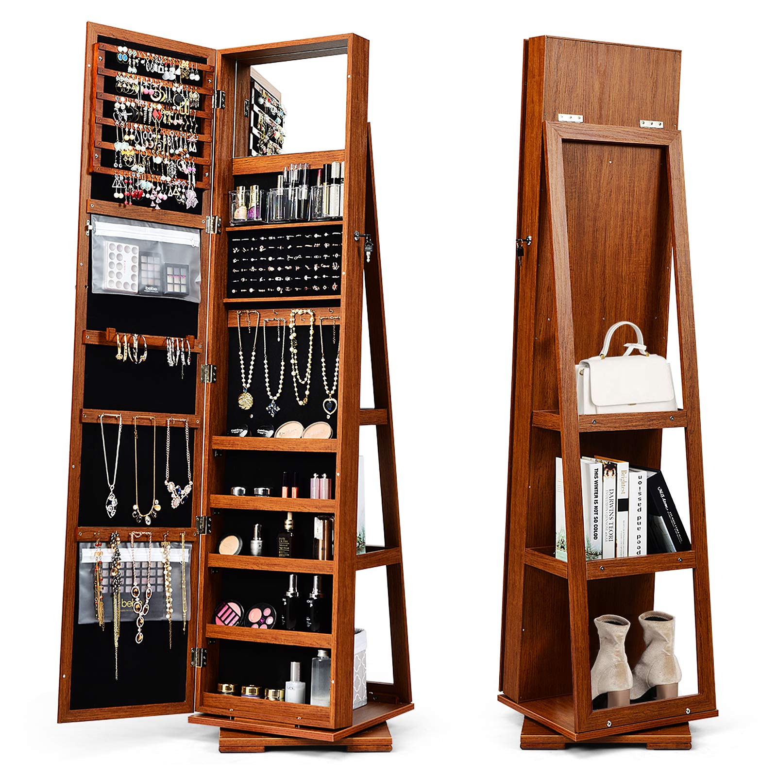 360° Rotating Jewelry Armoire with Full-Length Mirror & Lockable Makeup Organizer - Standing Jewelry Cabinet for Rings, Earrings & Cosmetics (Brown) | Perfect for Bedroom, Dressing Room & Gift Giving