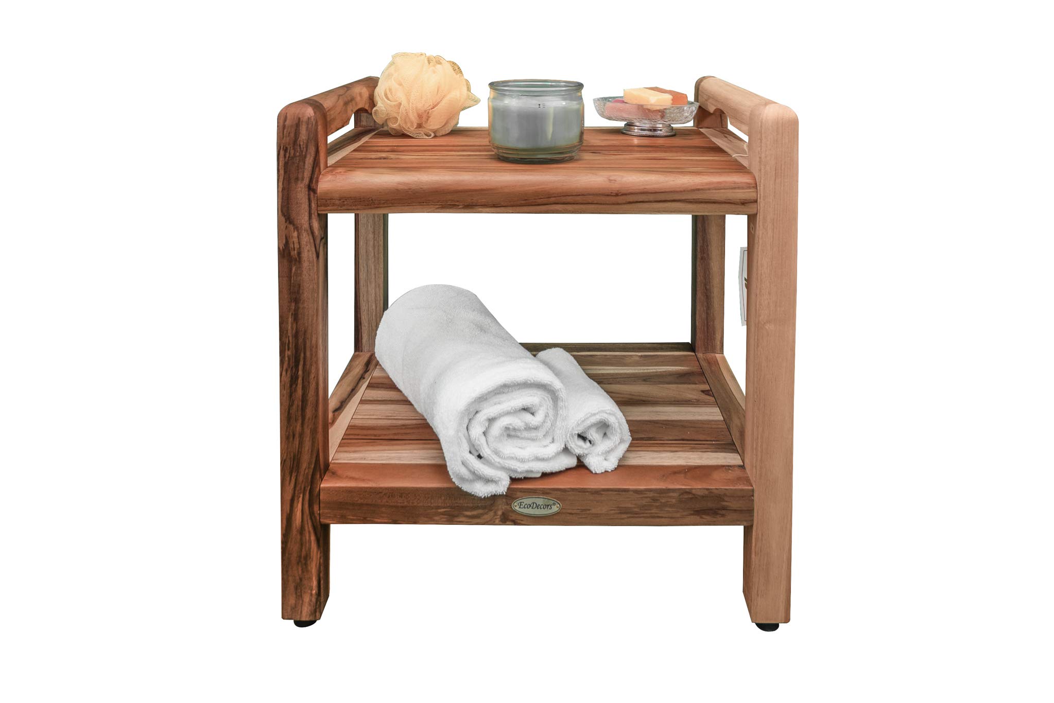 EcoDecors Eleganto 20 Inch Waterproof Teak Wood Shower Bench - Non-Slip Bathroom Stool with Storage for Safety & Organization - Perfect for Elderly, Spa & Small Bathrooms