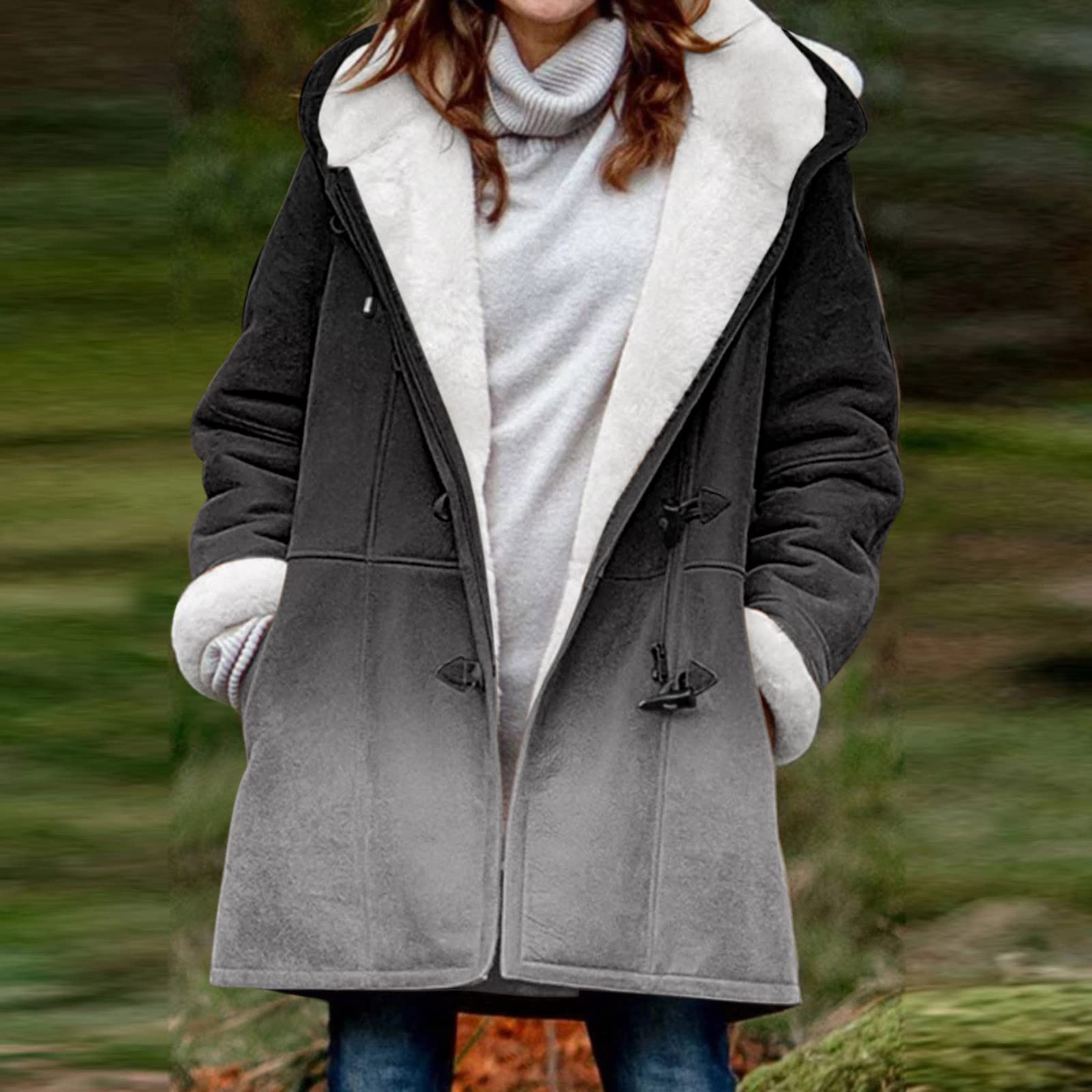 Plus Size Women's Hooded Fleece Jacket - Oversized Casual Fuzzy Gradient Coat with Button Closure for Winter (Black, XXXXL) | Warm & Cozy Outerwear for Cold Weather, Streetwear Fashion, and Everyday Comfort