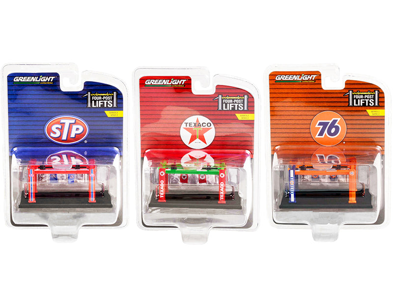 Greenlight 1/64 Scale Diecast Models - 3-Piece Four Post Lifts Set (Series 2) for Car Enthusiasts & Collectors - Perfect for Display, DIY Scenes & Model Car Shows